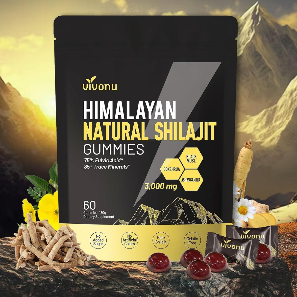 VivoNu Shilajit Gold Gummies front view with packaging