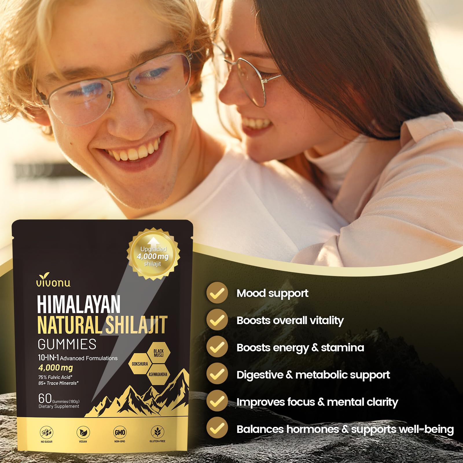 VivoNu Shilajit Gold Gummies with a measuring spoon