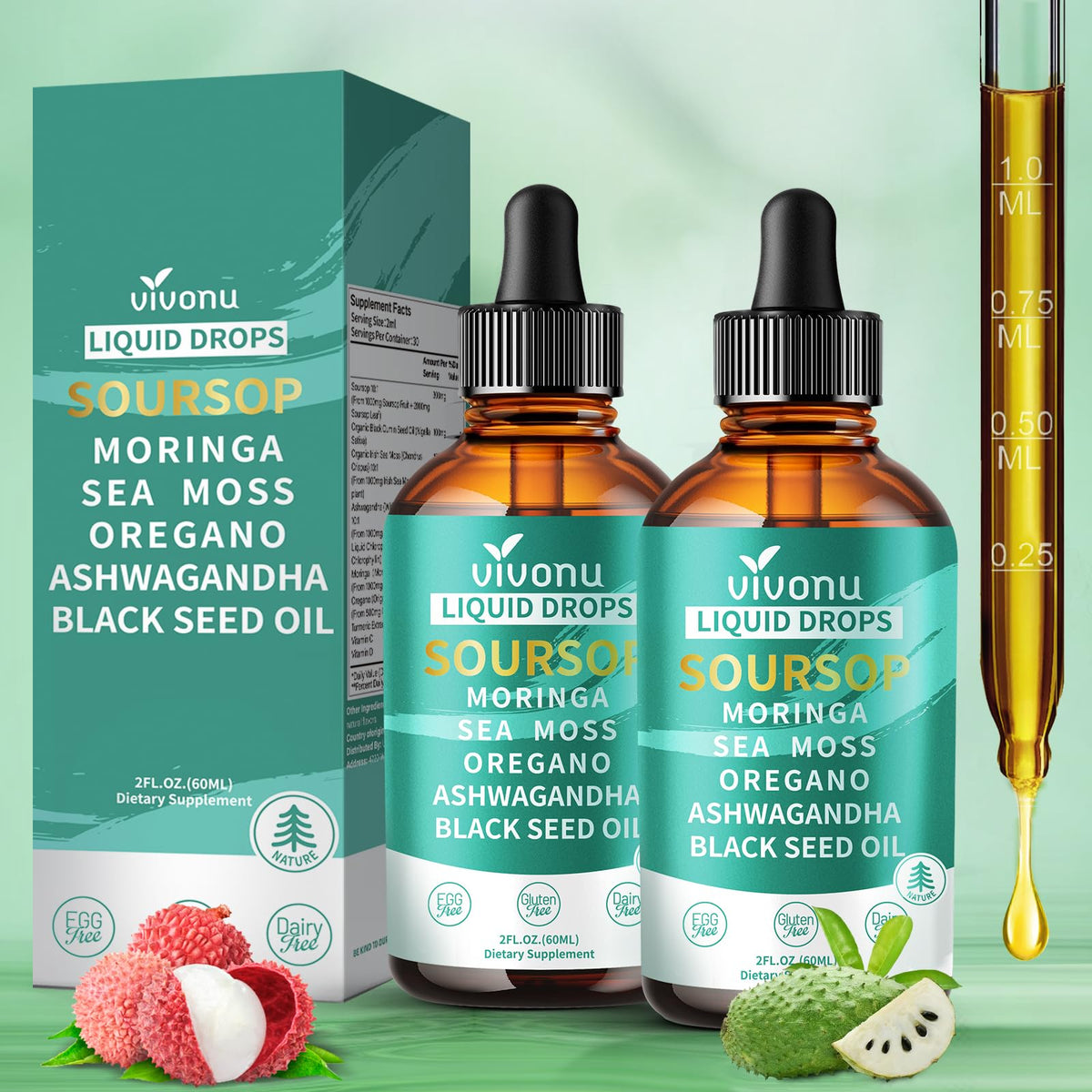 VivoNu Soursop Bitters Liquid Drops 3000mg front view