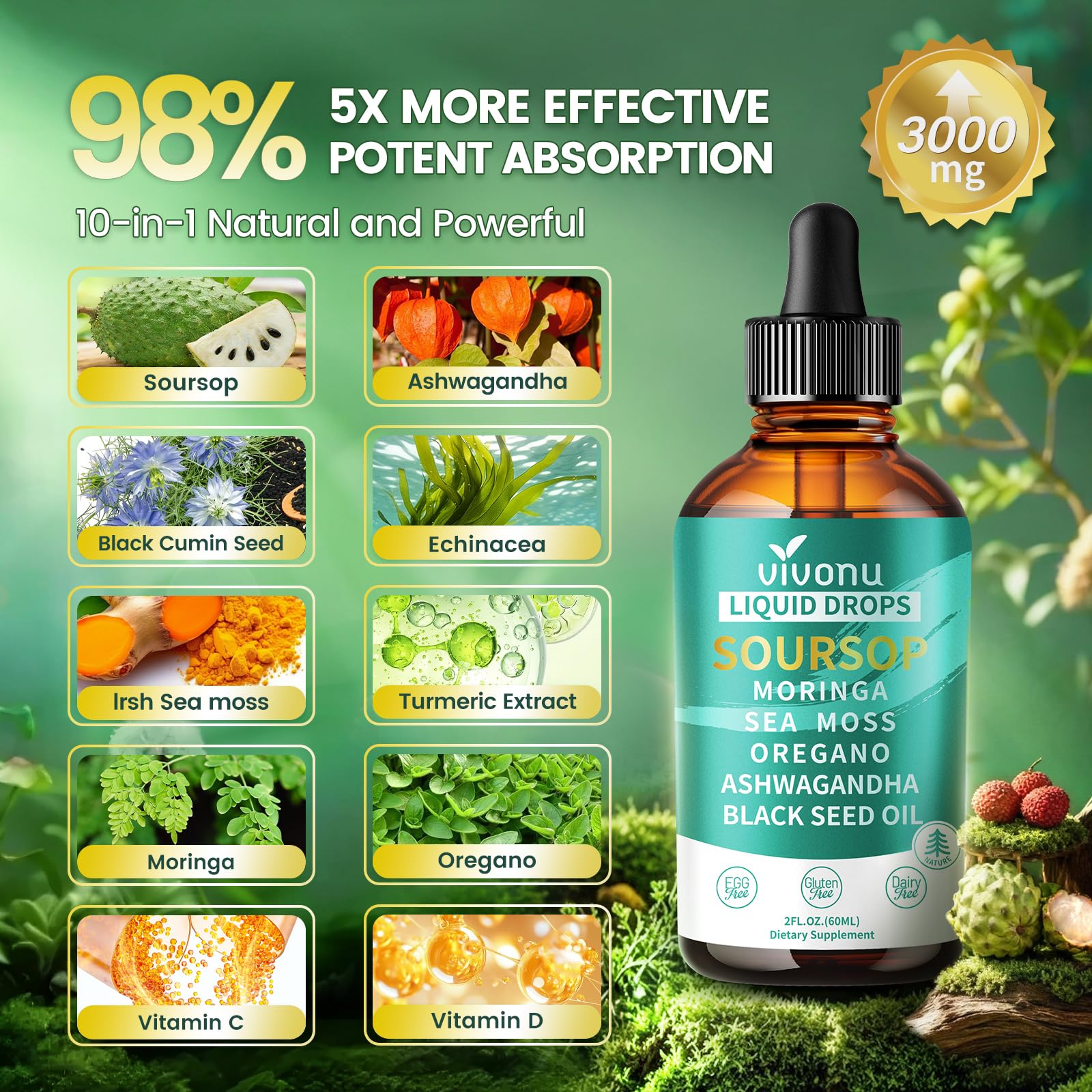 VivoNu Soursop Bitters Liquid Drops 3000mg label close-up