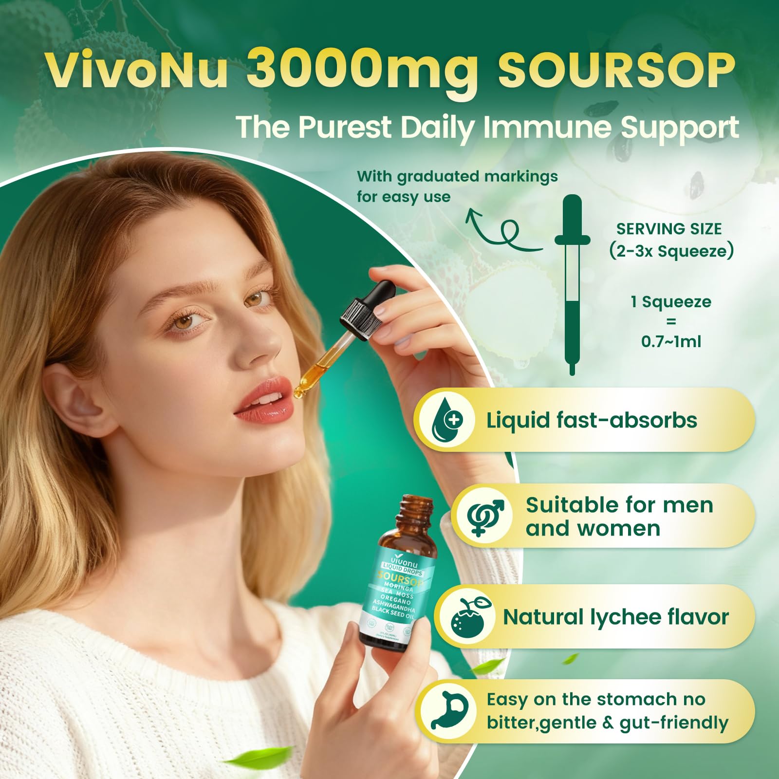 VivoNu Soursop Bitters Liquid Drops 3000mg on wooden table
