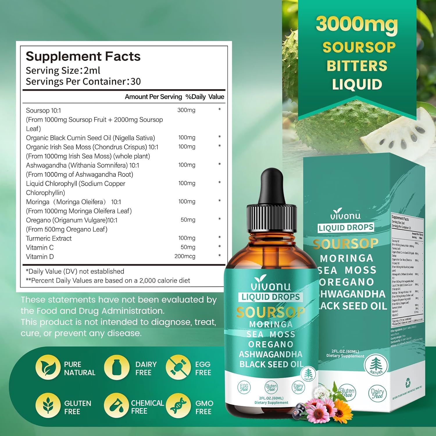 VivoNu Soursop Bitters Liquid Drops 3000mg packaging display