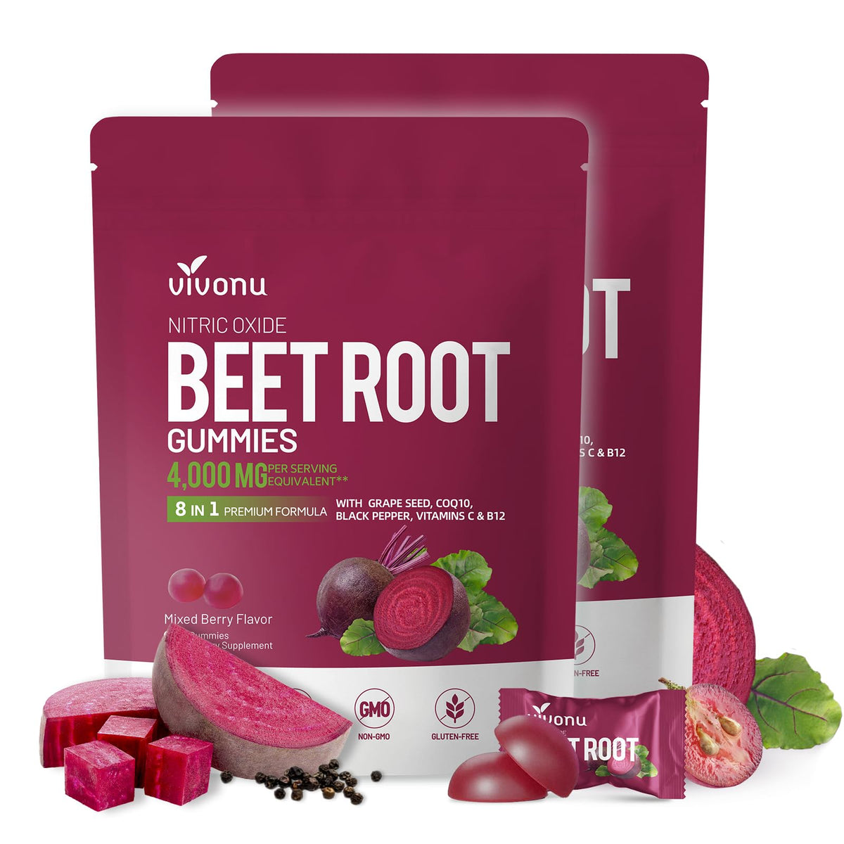 VivoNu Super Beetroot Gummies front view with packaging