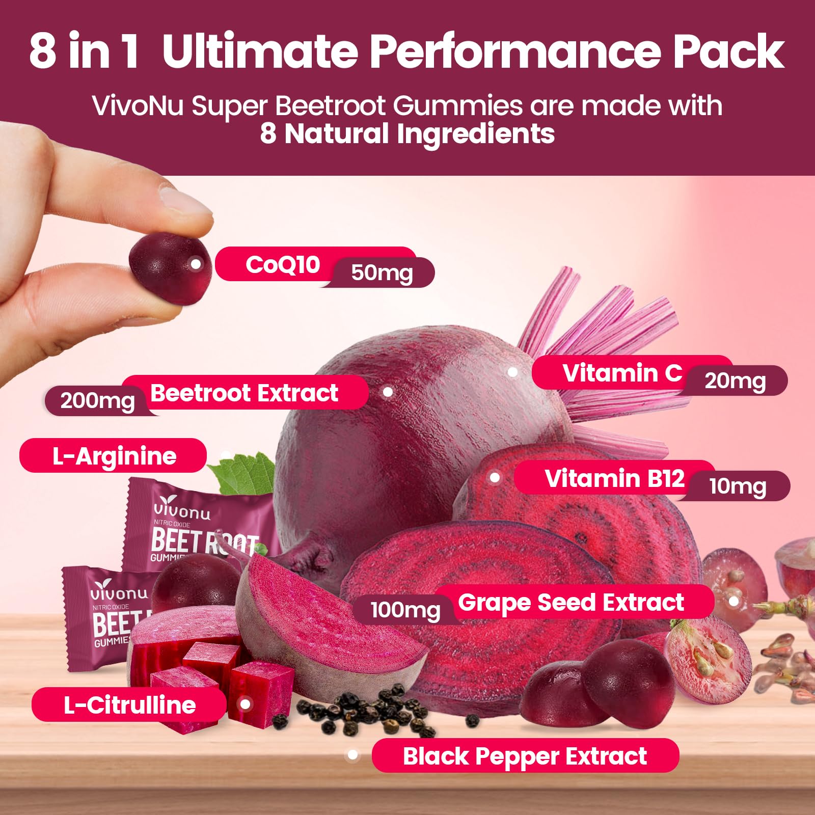 VivoNu Super Beetroot Gummies individual gummy close-up