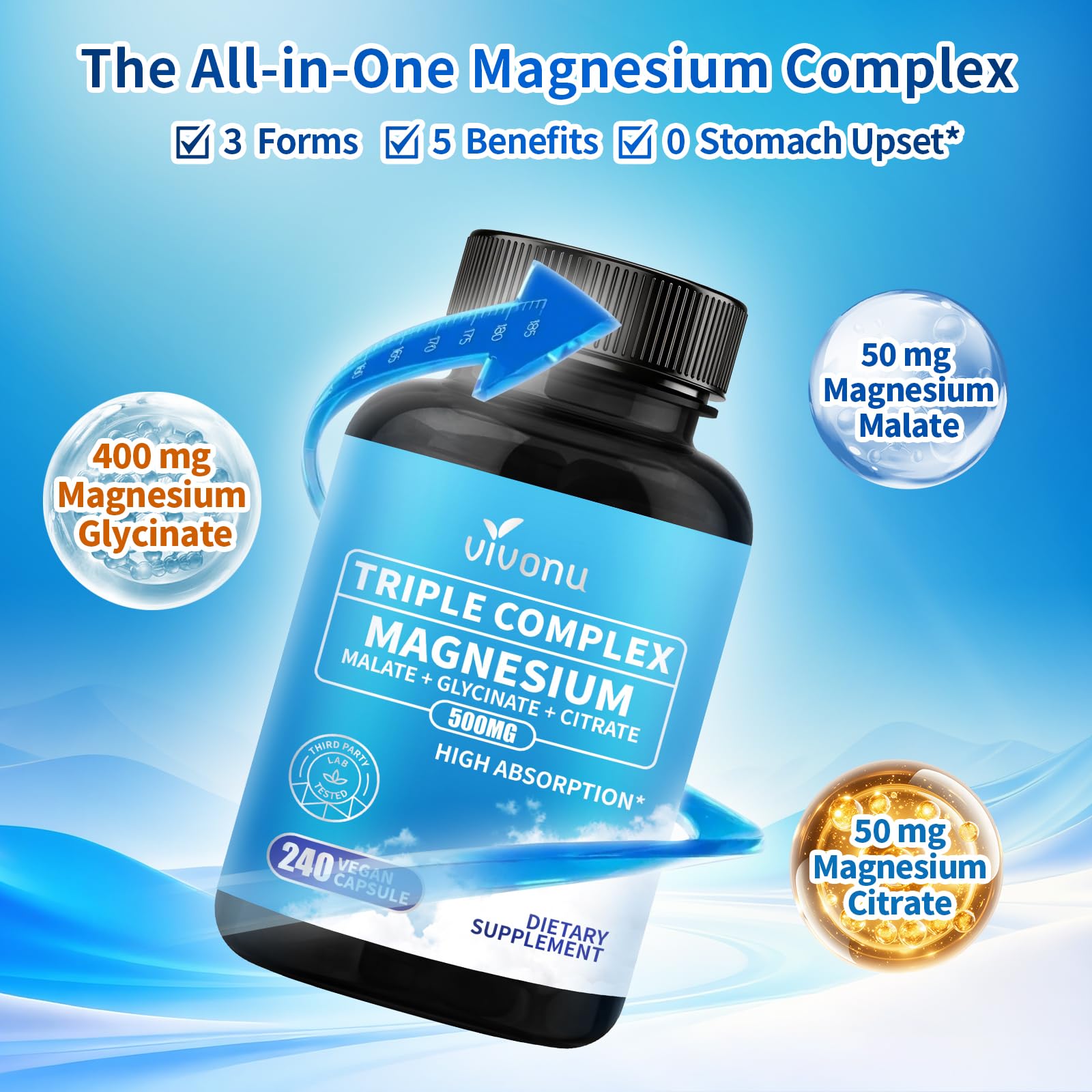 VivoNu Triple Magnesium Complex 240 Capsules close-up of label