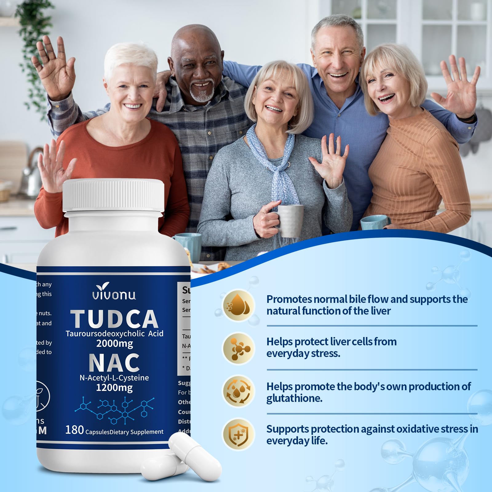 VivoNu TUDCA 2000mg + NAC 1200mg supplement bottle with a measuring spoon