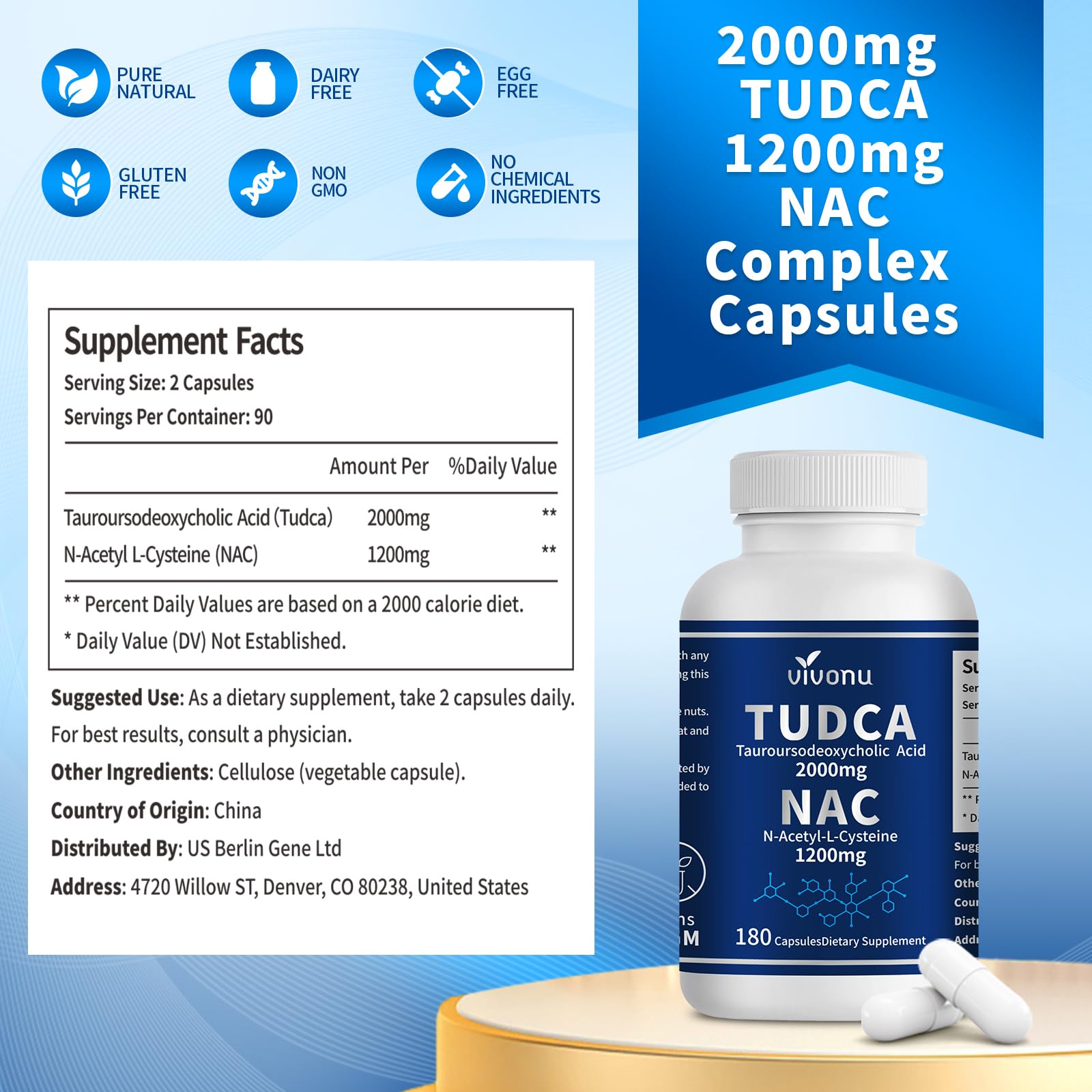 VivoNu TUDCA 2000mg + NAC 1200mg supplement bottle with capsules