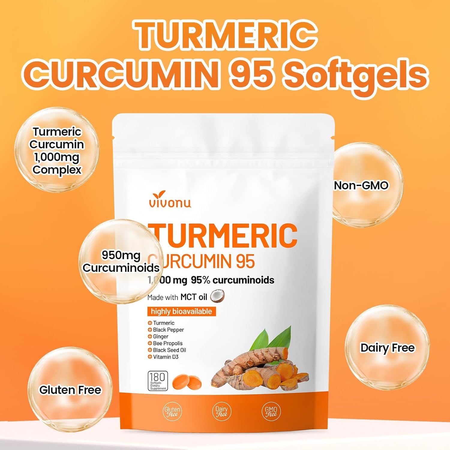 VivoNu Turmeric Curcumin capsules with measuring spoon