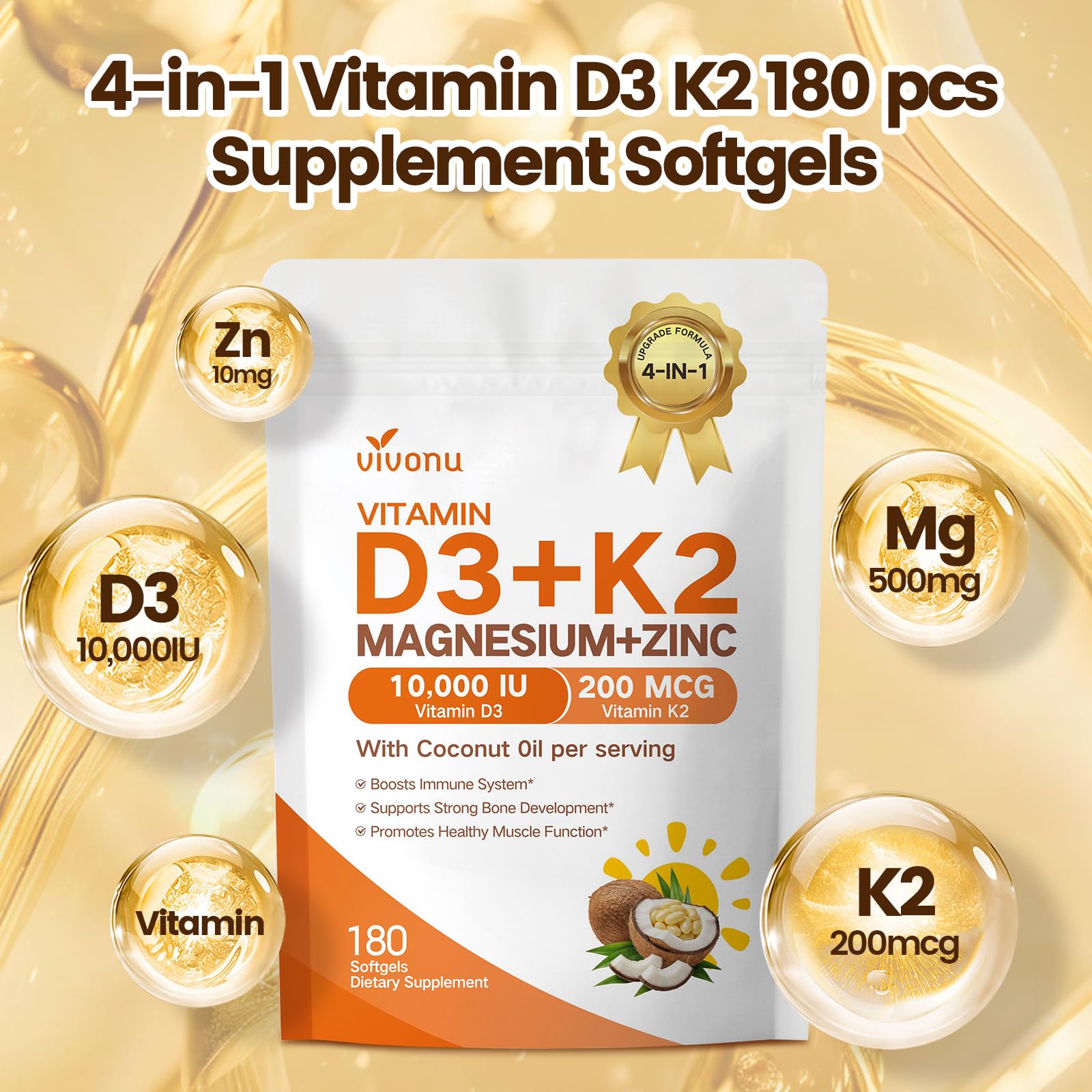 VivoNu Vitamin D3 K2 Magnesium softgels on a table