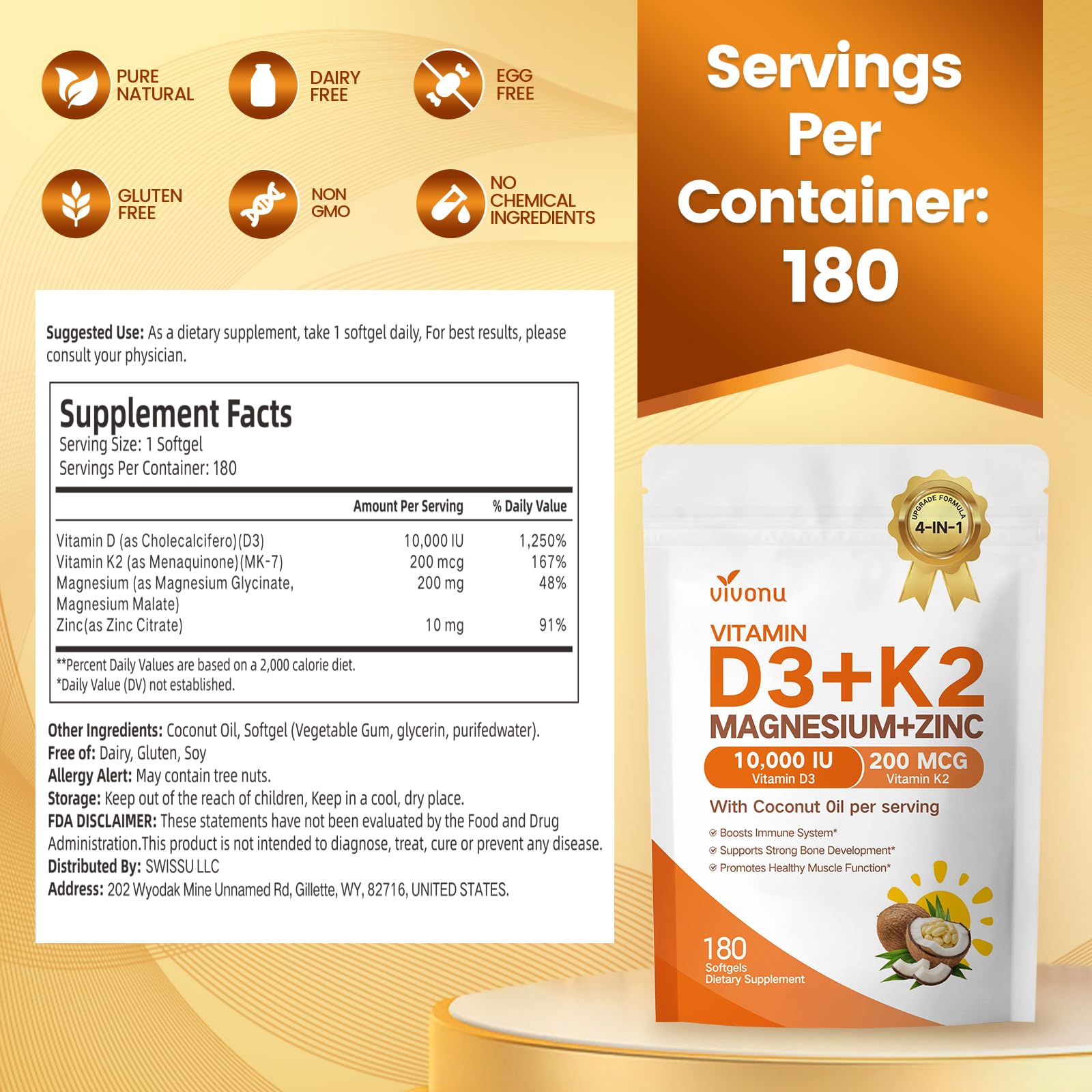 VivoNu Vitamin D3 K2 Magnesium softgels with coconut oil