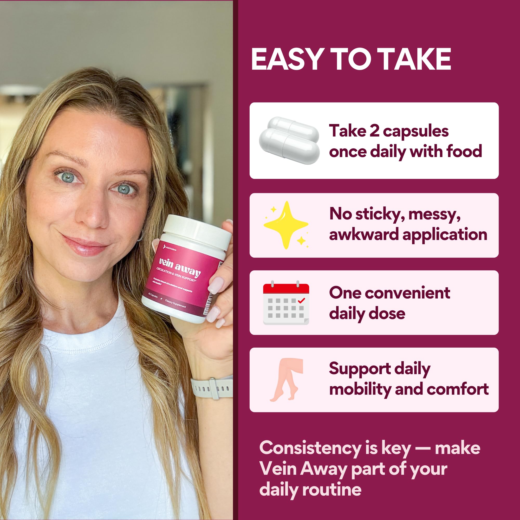 VoomVaya Vein Away capsules in a hand