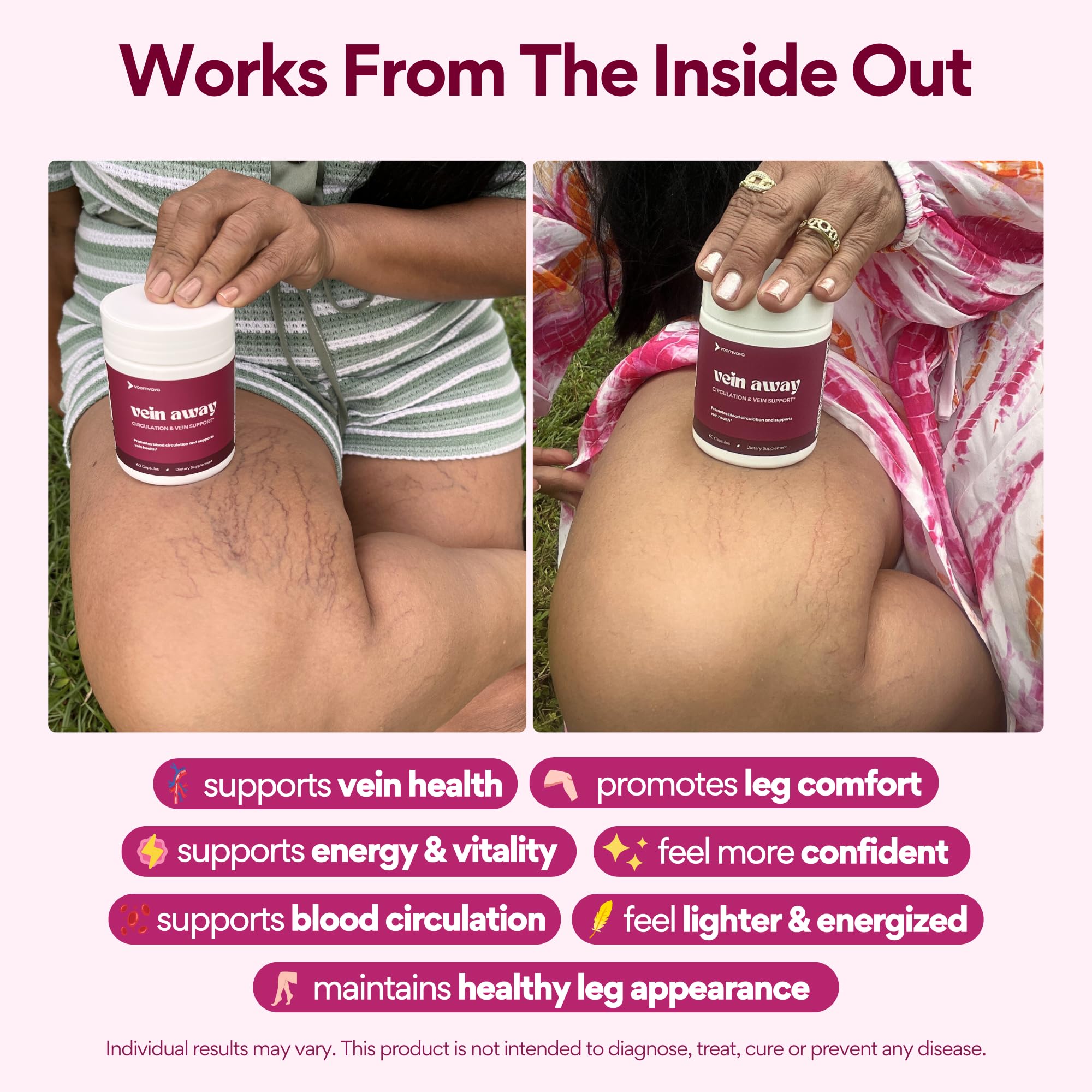 VoomVaya Vein Away capsules on a wooden surface