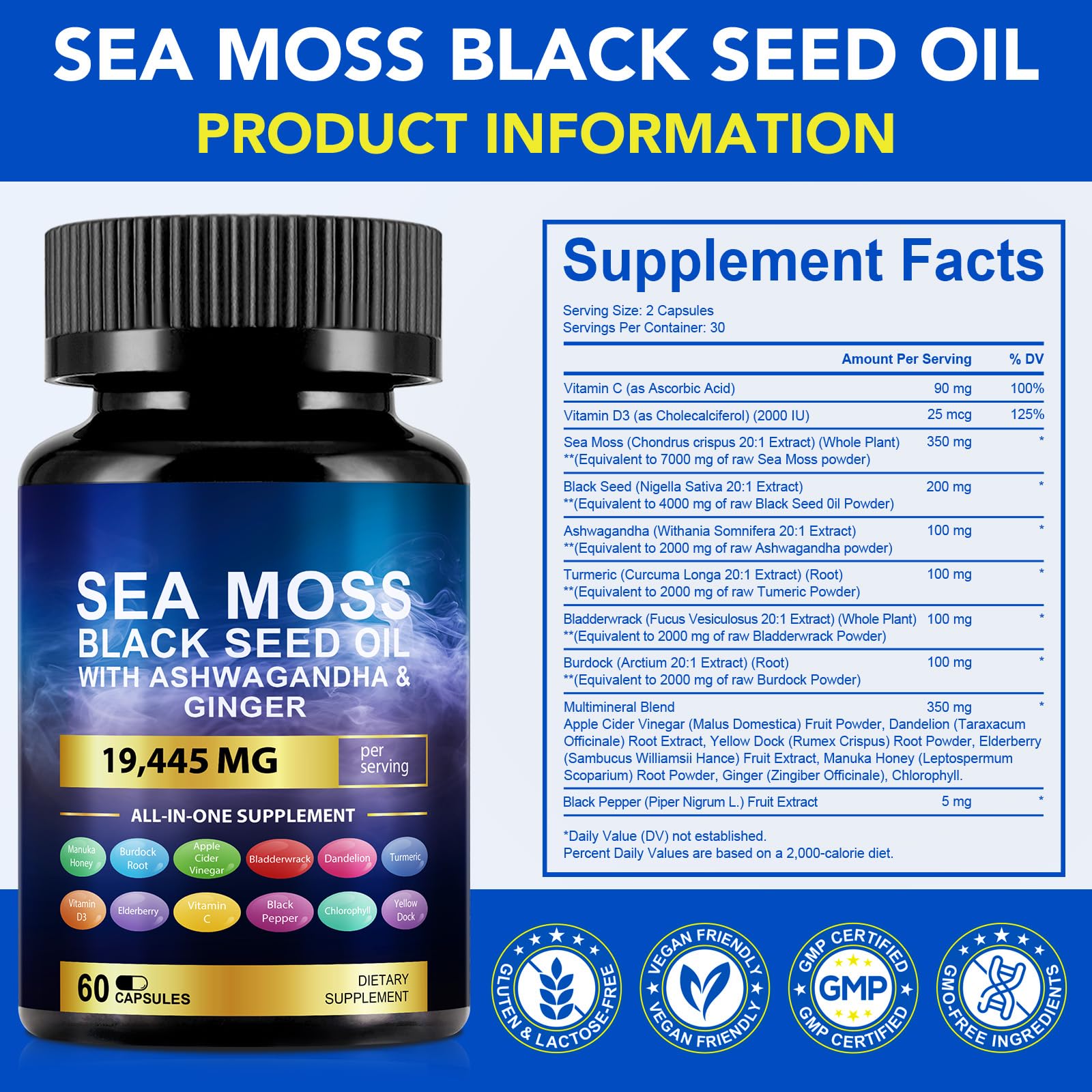 Vortexonix Sea Moss Black Seed Oil Capsules with ingredients list