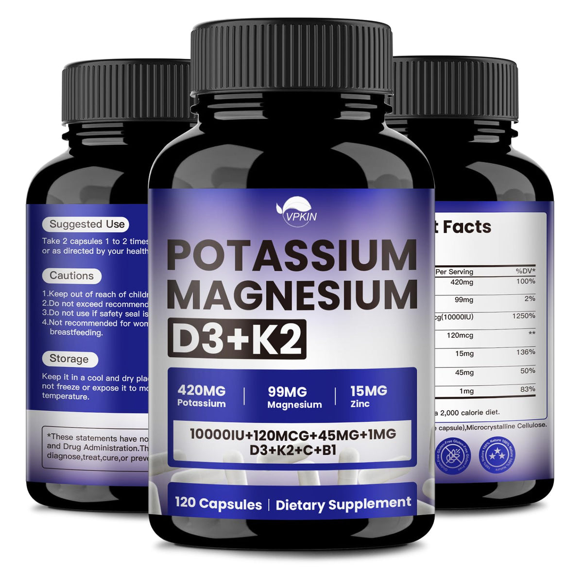 VPKIN Potassium Magnesium Supplement bottle front view