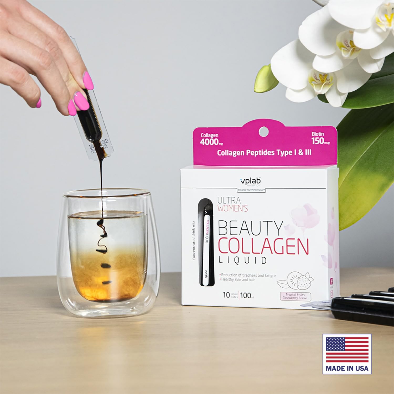 vplab nutrition Ultra Women's Beauty Liquid Collagen 10ml tube close-up
