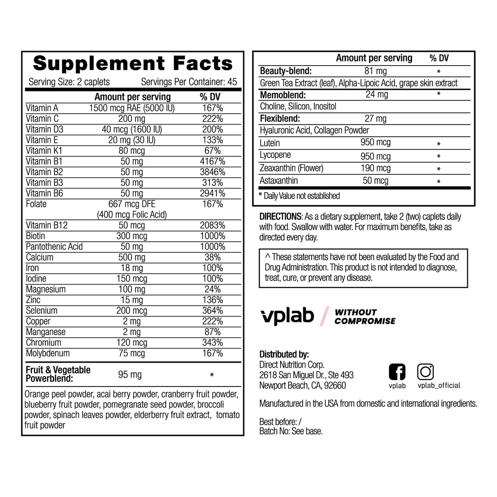 vplab nutrition Ultra Women's Multivitamin 90 Tablets back view