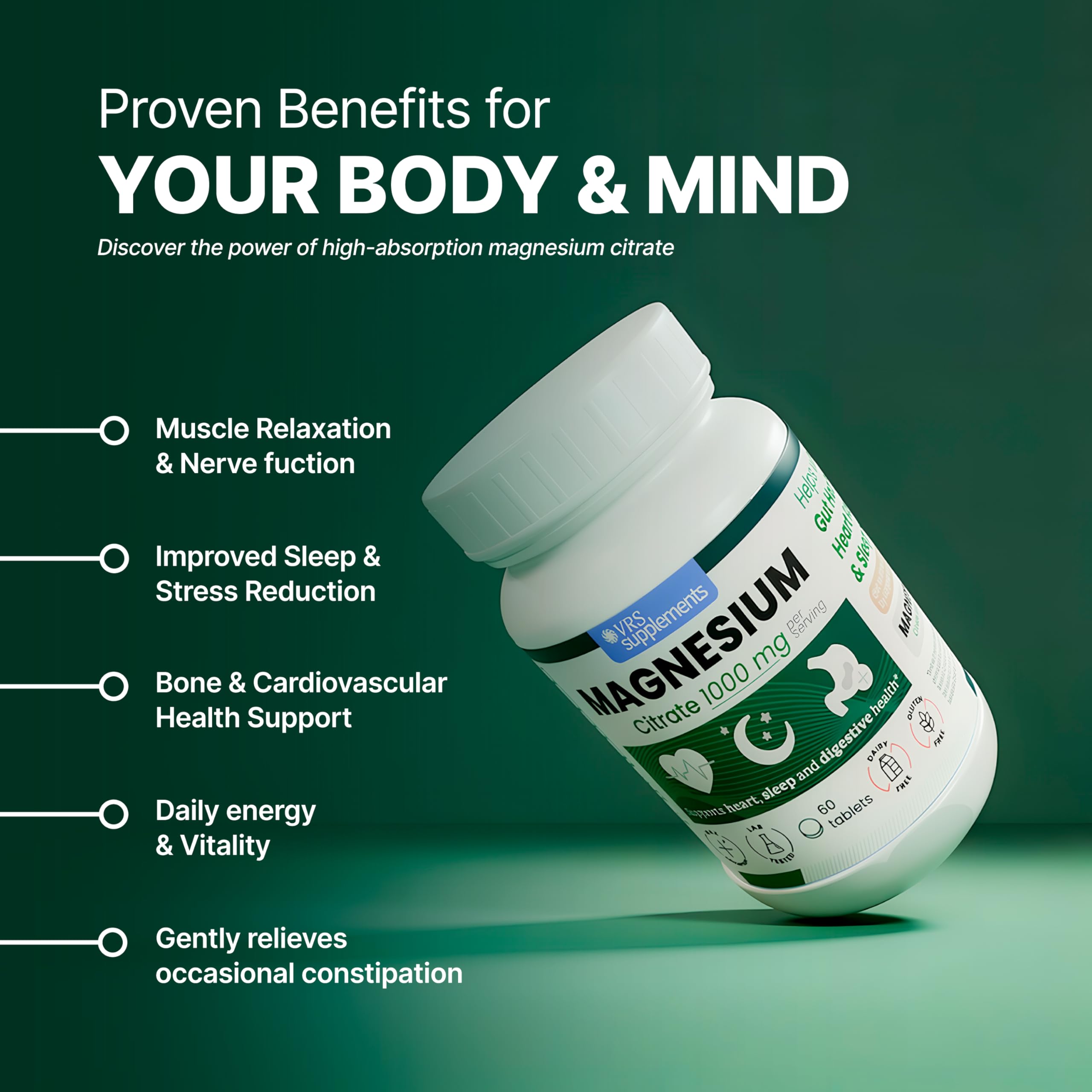 VRS SUPLEMENTS Magnesium Citrate Tablets 400mg on a wooden table