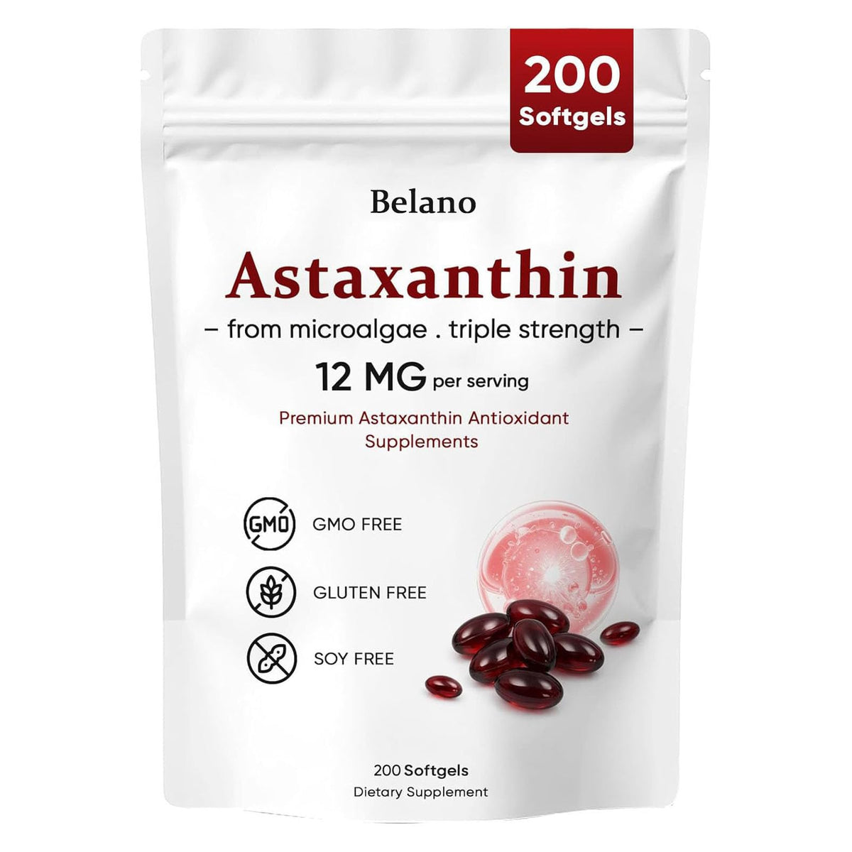 VSXAZ Astaxanthin 12mg Antioxidant Supplement 200 Softgels front view
