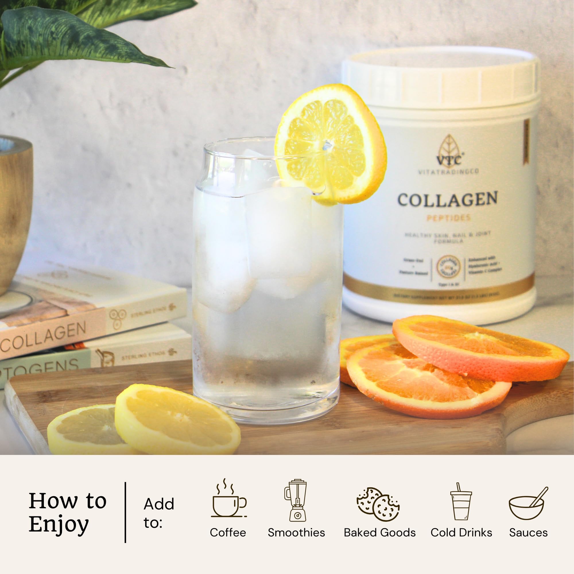 VTC Collagen Peptides Powder on a kitchen counter