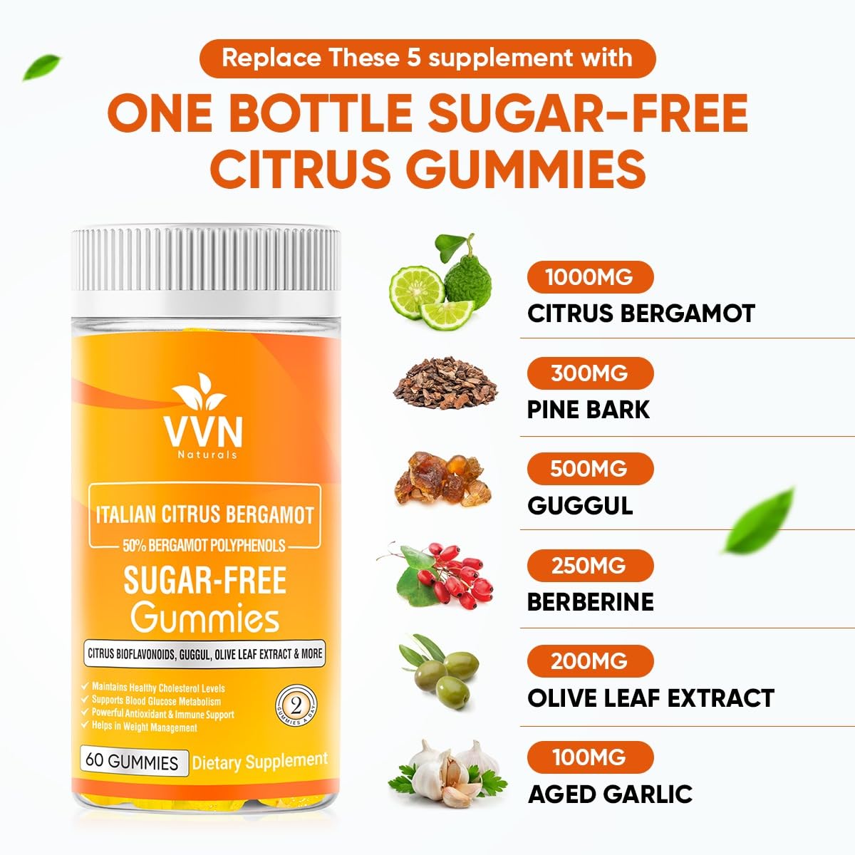 VVN Naturals Citrus Bergamot Gummies packaging on a wooden table