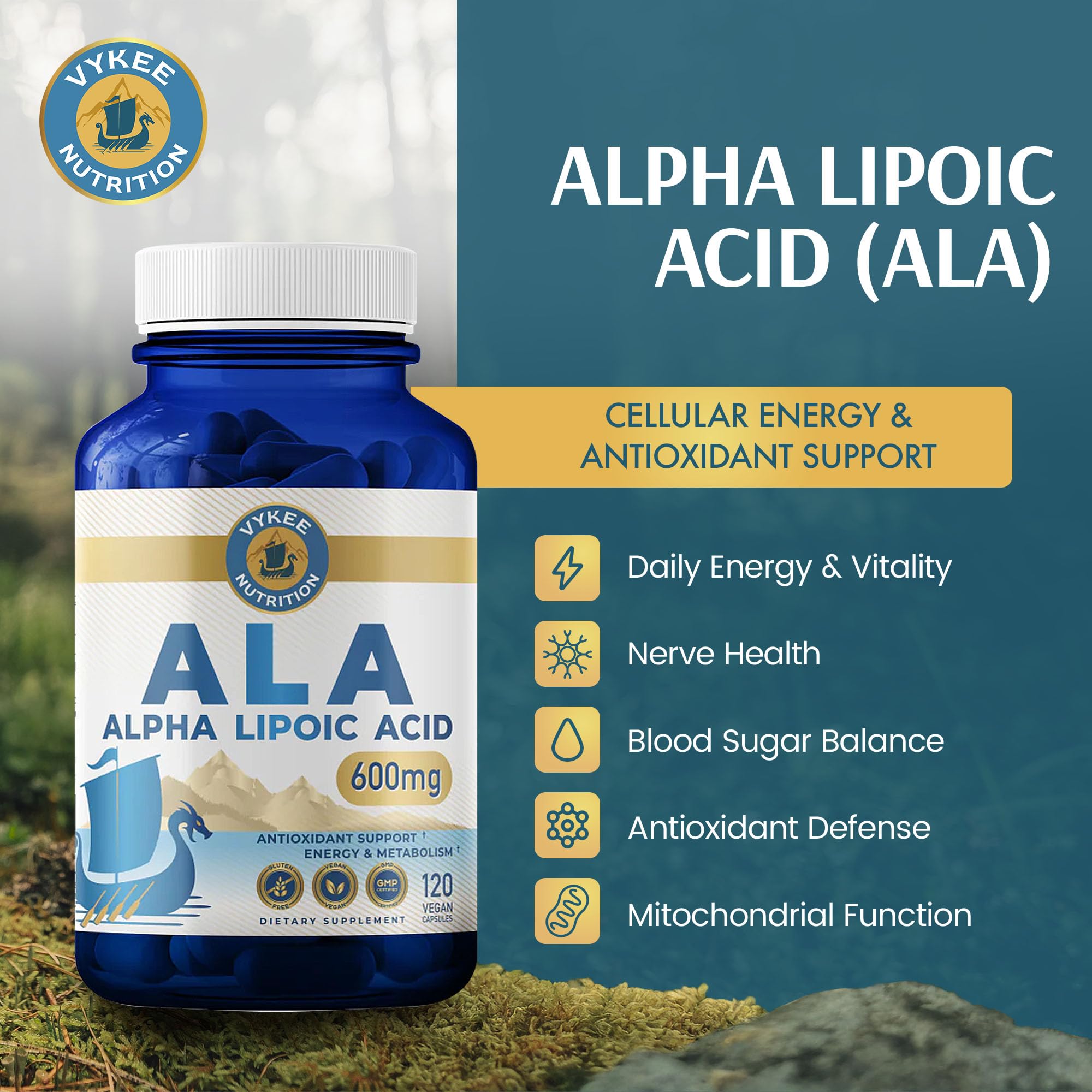 Vykee Nutrition Alpha Lipoic Acid 600mg Capsules bottle with label