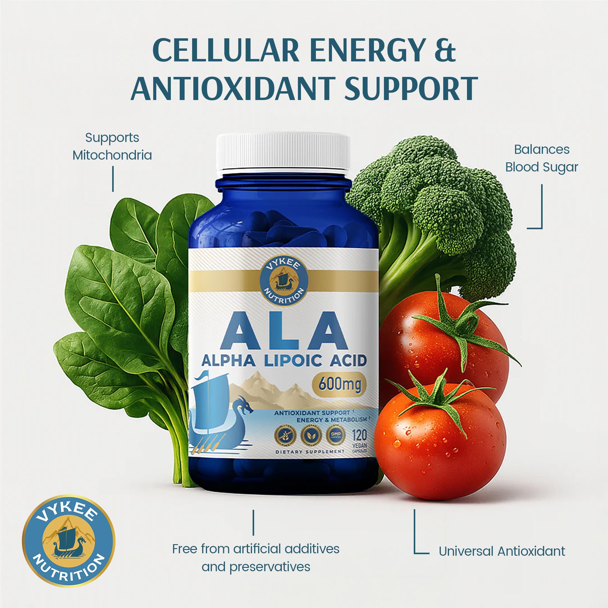 Vykee Nutrition Alpha Lipoic Acid 600mg Capsules with QR code