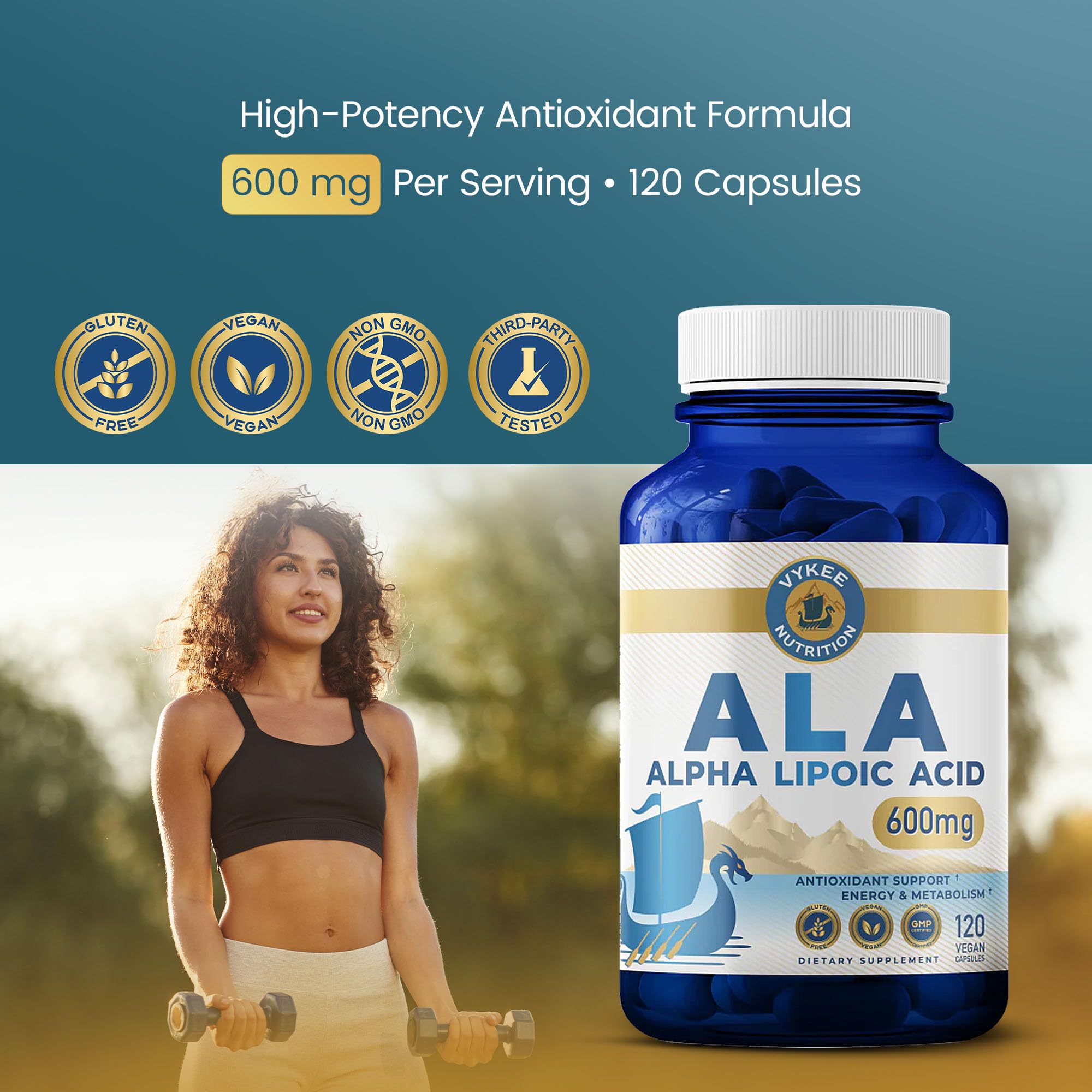 Vykee Nutrition Alpha Lipoic Acid capsules on a wooden surface