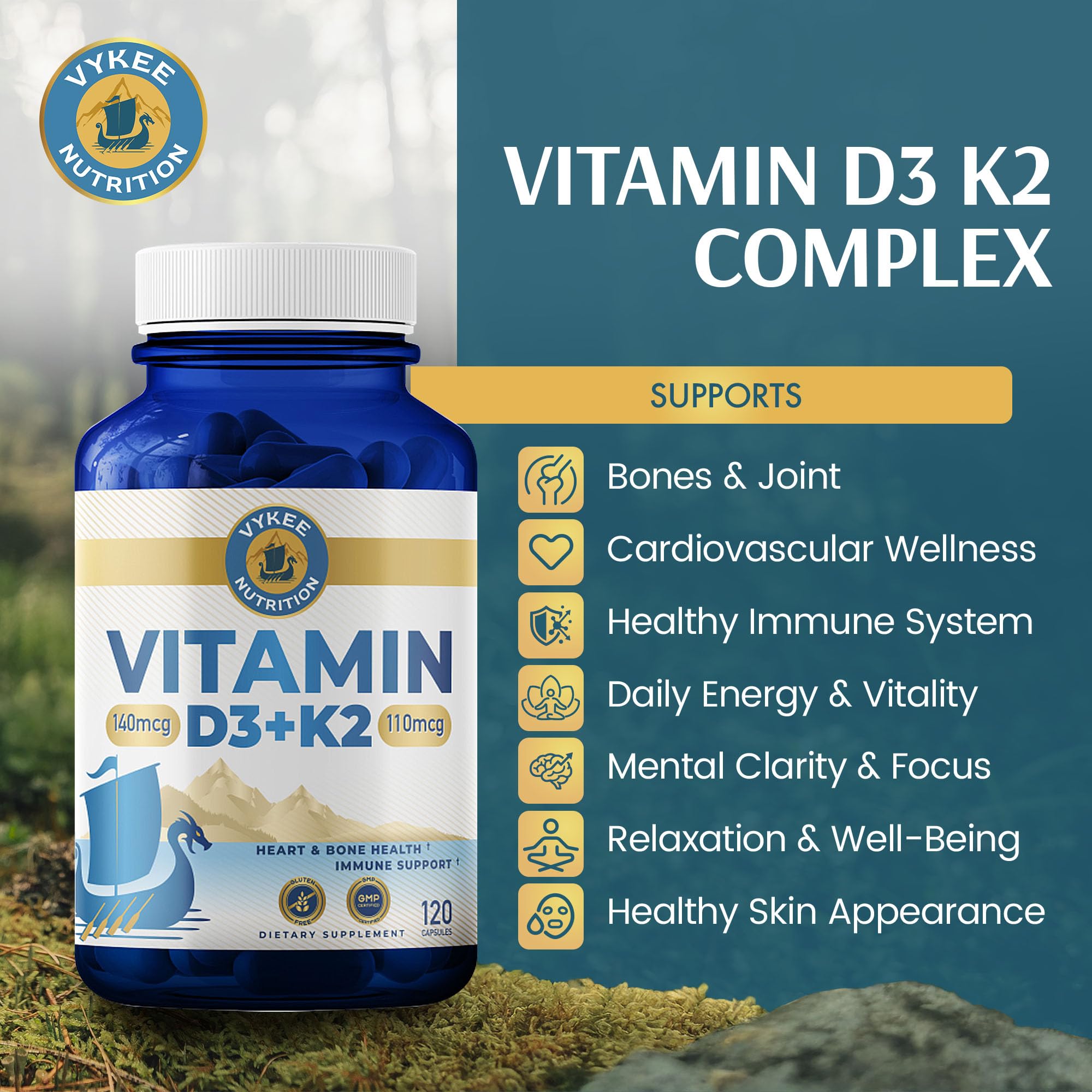 Vykee Nutrition D3 K2 vitamin capsules back view