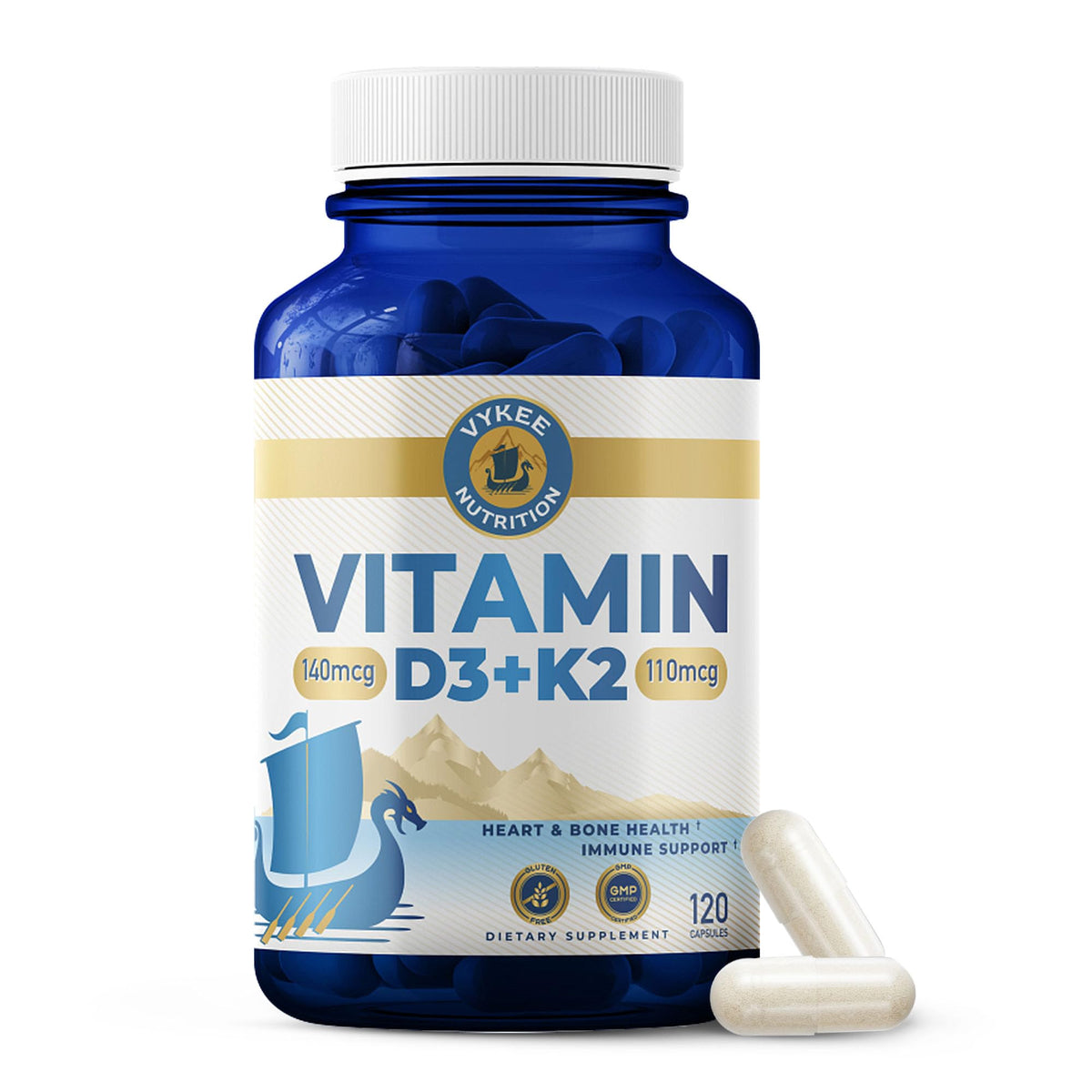 Vykee Nutrition D3 K2 vitamin capsules front view