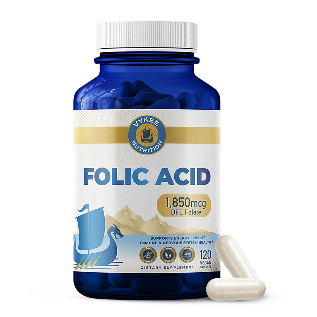 Vykee Nutrition Folic Acid 1,850 mcg DFE capsules front view