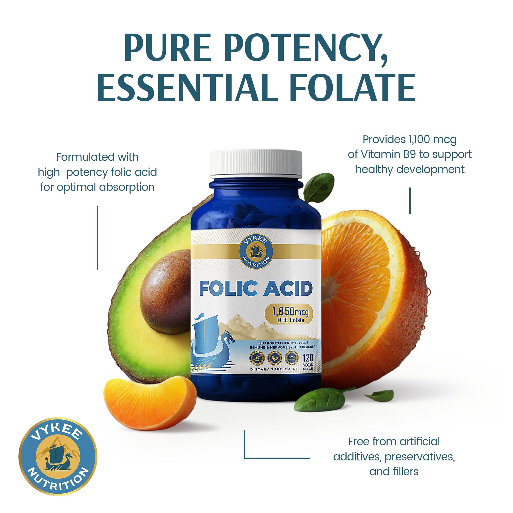 Vykee Nutrition Folic Acid 1,850 mcg DFE capsules with QR code