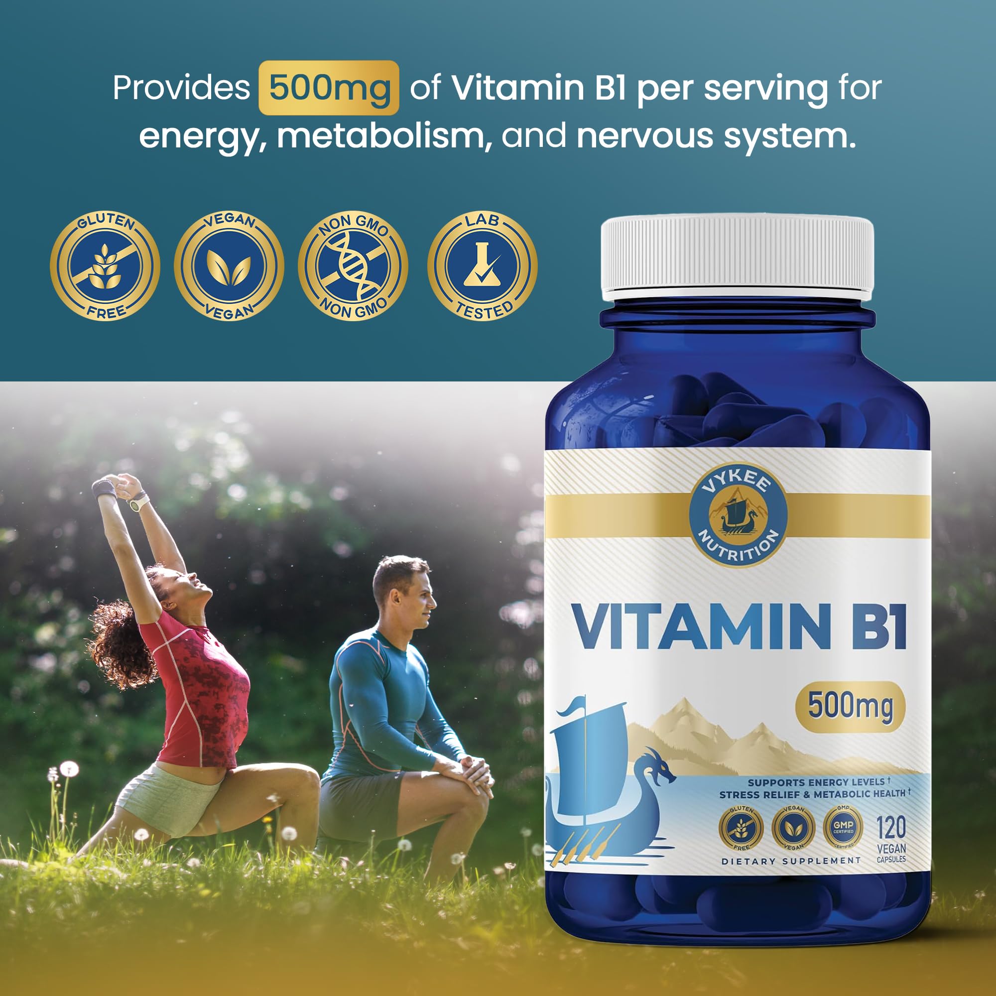 Vykee Nutrition Vitamin B1 (Thiamine) capsules on a wooden table
