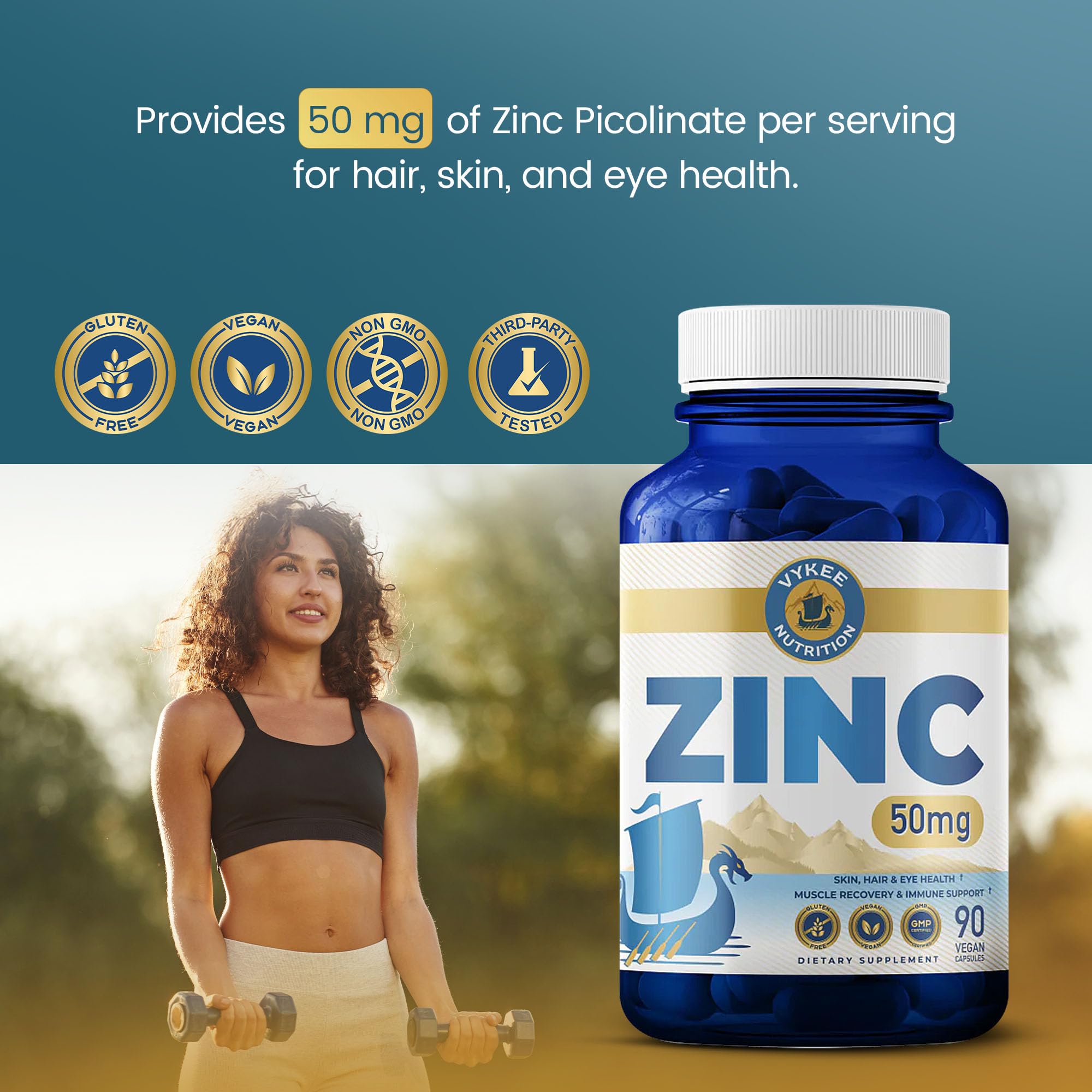 Vykee Nutrition Zinc Picolinate 50mg capsules on a wooden table
