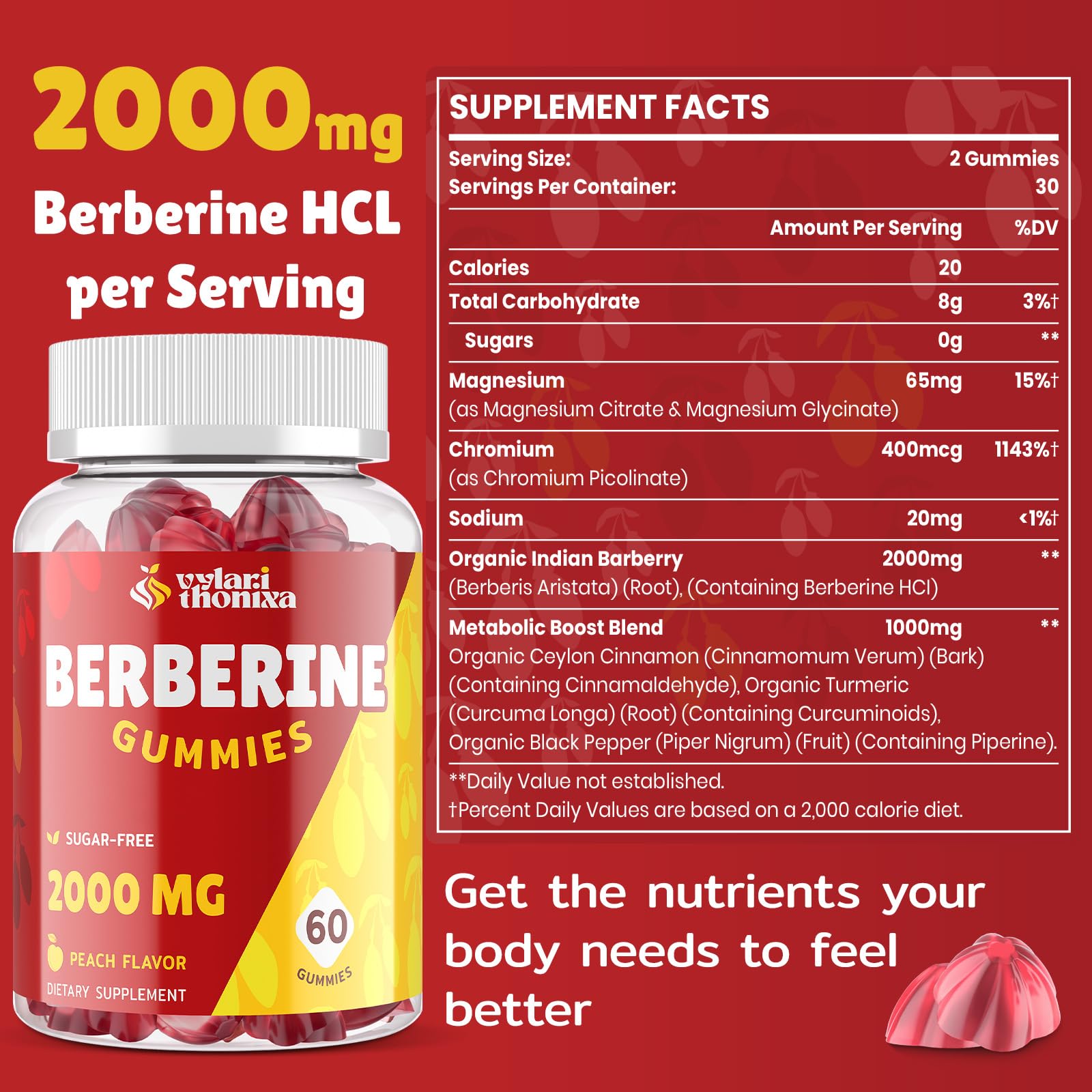 Vylarithonixa Berberine HCL Gummies showing two gummies