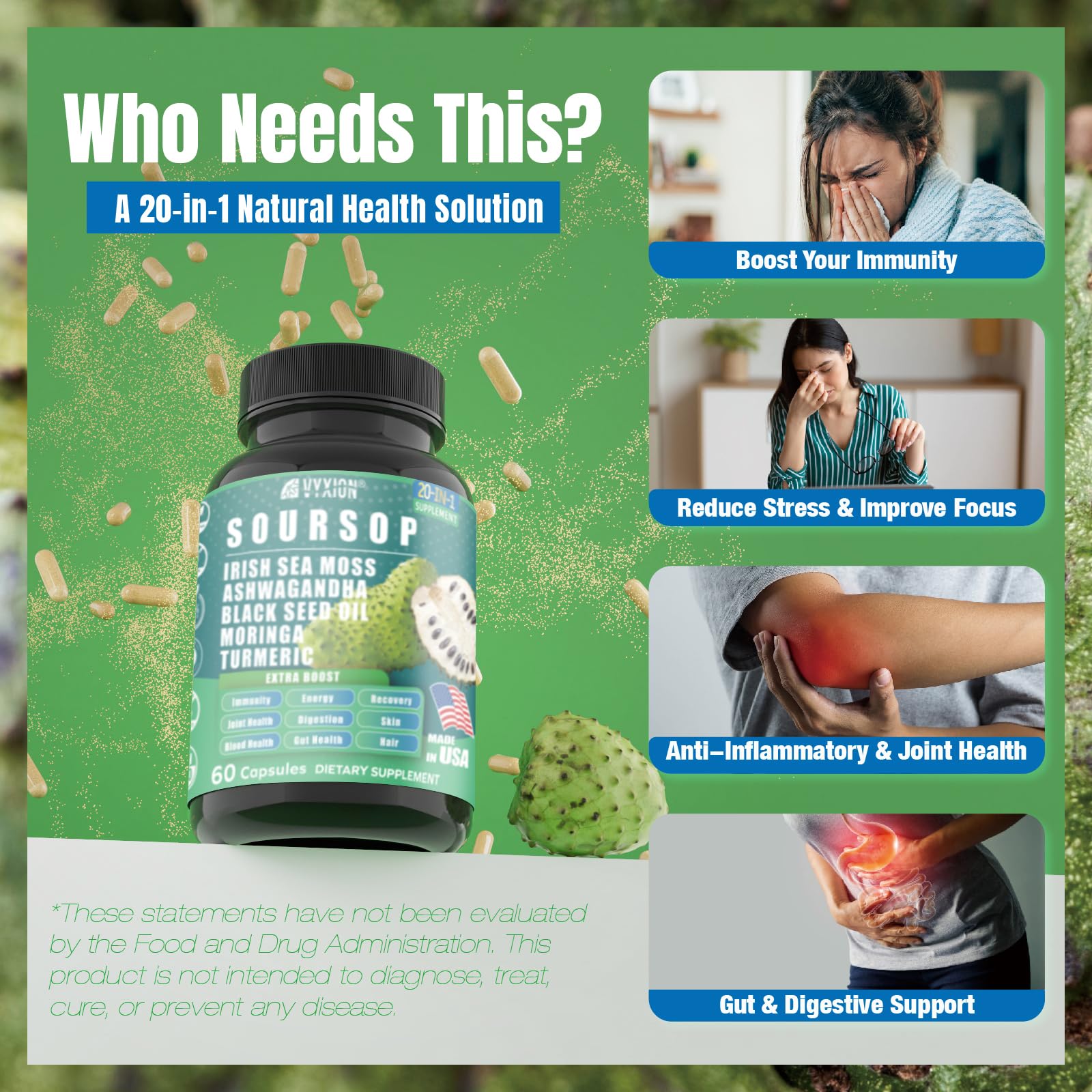 Vyxion Soursop 20-in-One Capsules back view with ingredient list