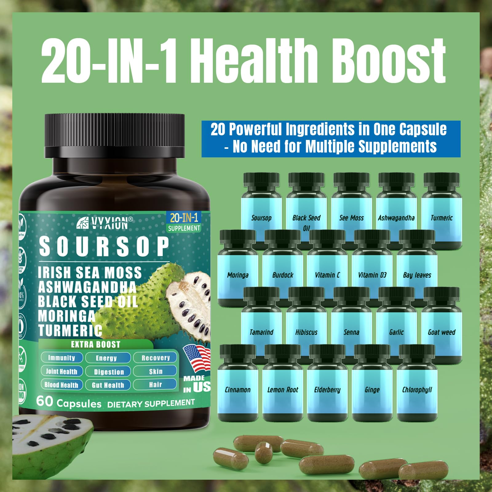 Vyxion Soursop 20-in-One Capsules displayed with a measuring spoon