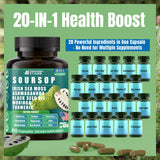 Vyxion Soursop 20-in-One Capsules displayed with a measuring spoon