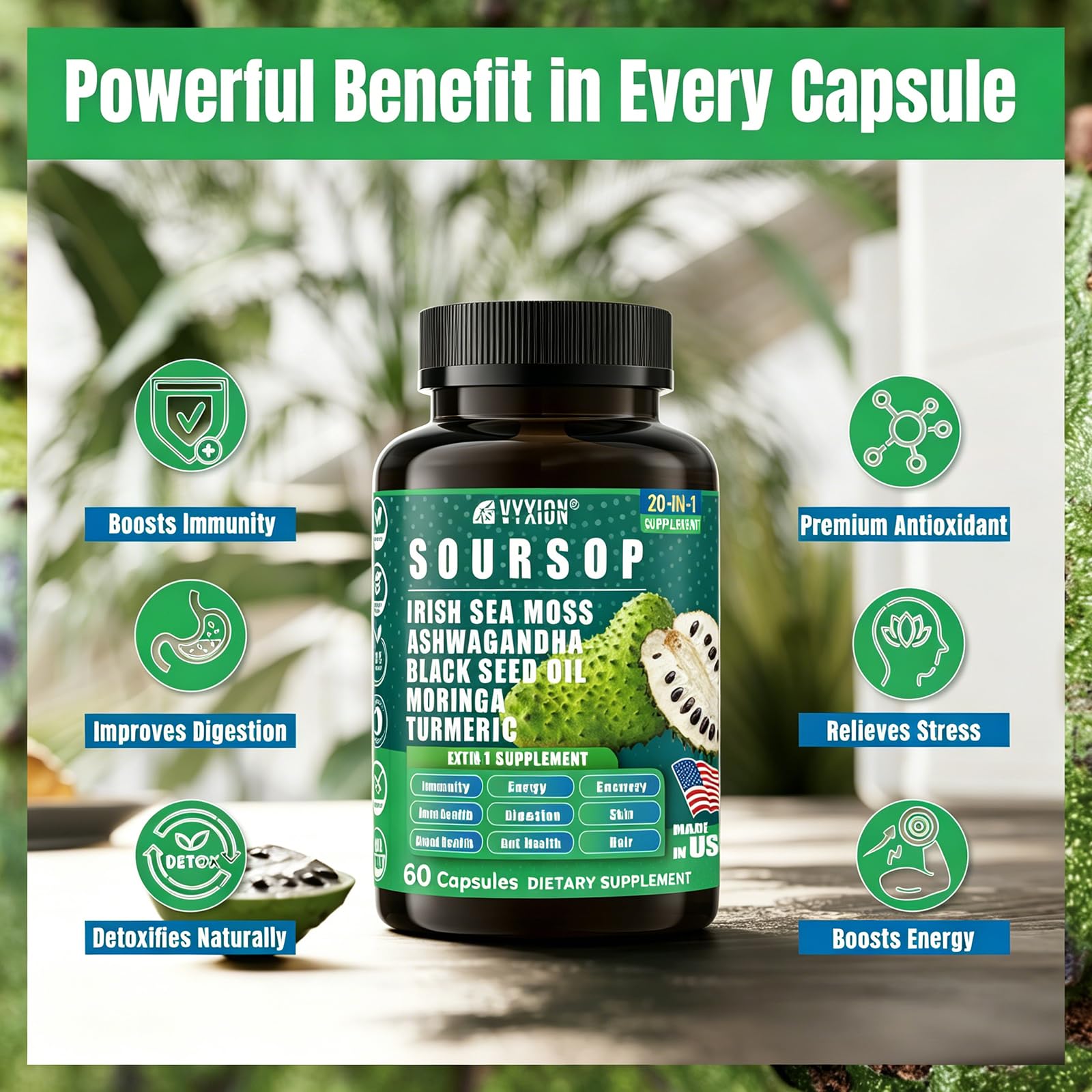 Vyxion Soursop 20-in-One Capsules in a lifestyle setting