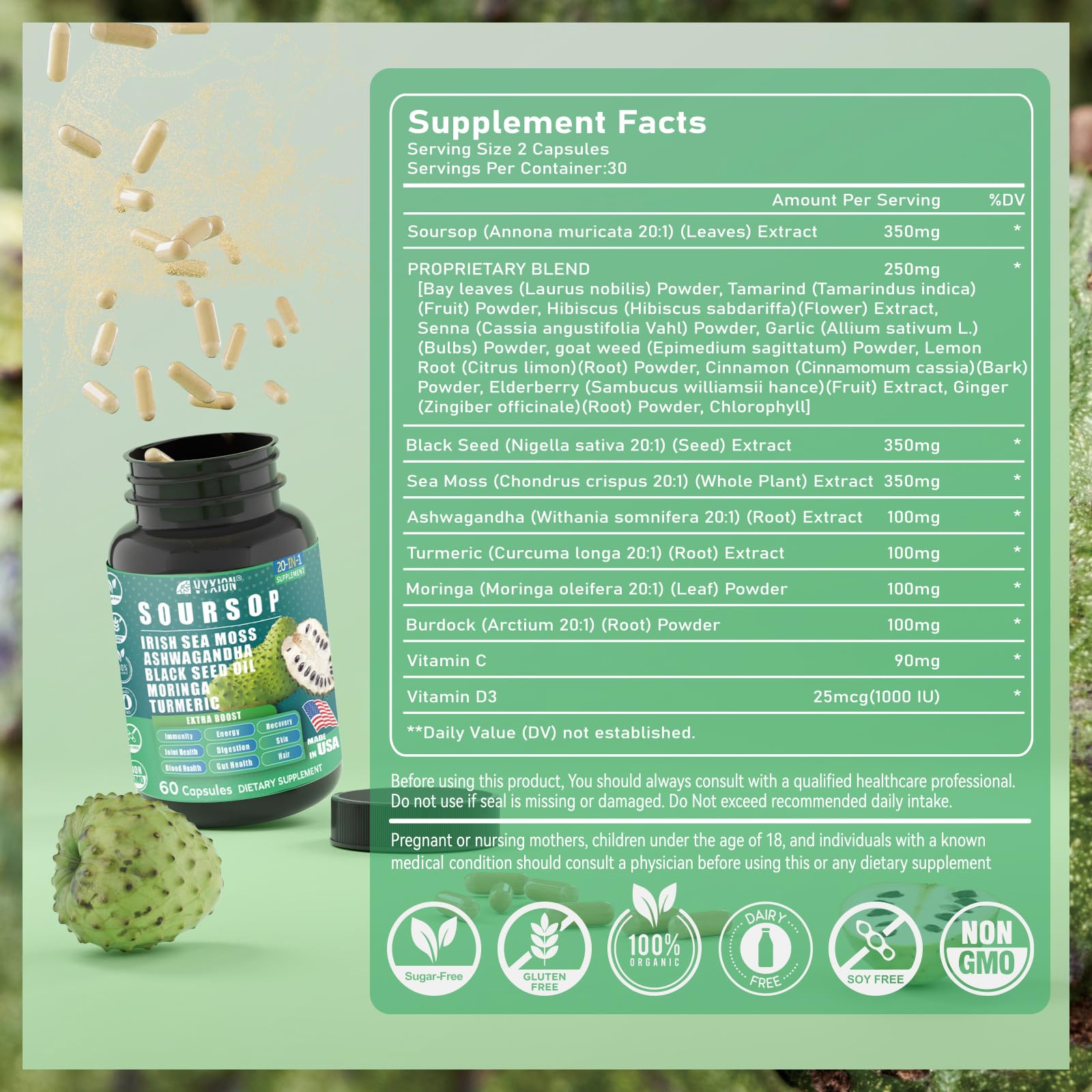 Vyxion Soursop 20-in-One Capsules opened to show contents