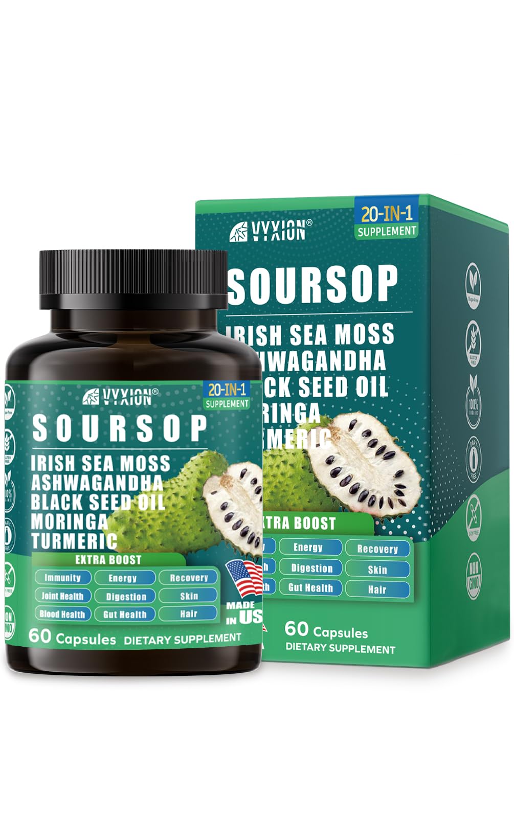 Vyxion Soursop 20-in-One Capsules side view showing capsule size