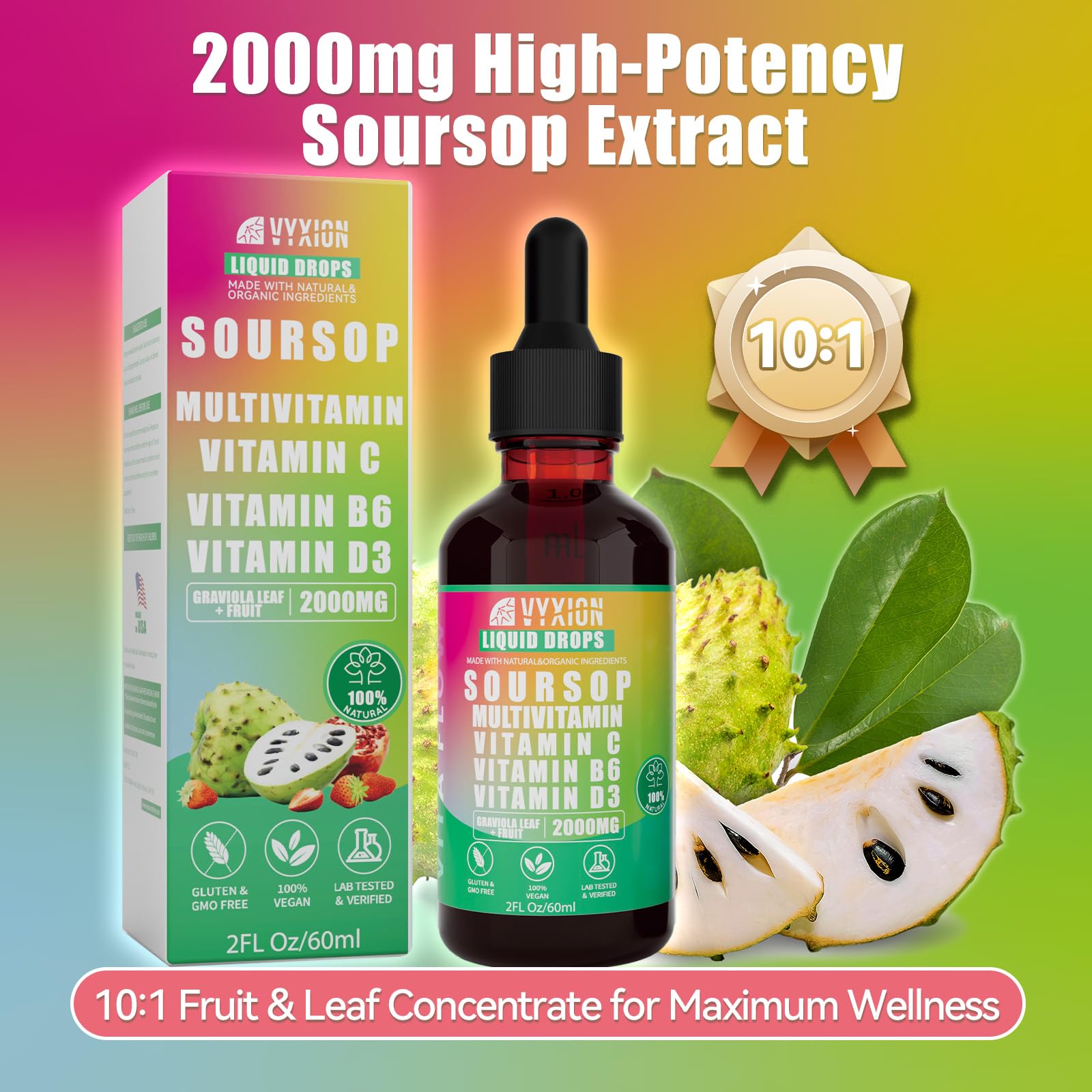 Vyxion Soursop Extract Liquid Drops 2000mg bottle side view