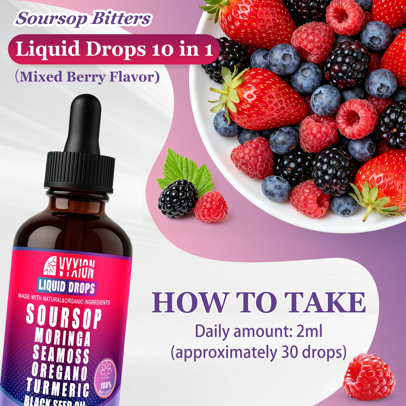 Vyxion Soursop Graviola Liquid Drops 60ml bottle side view