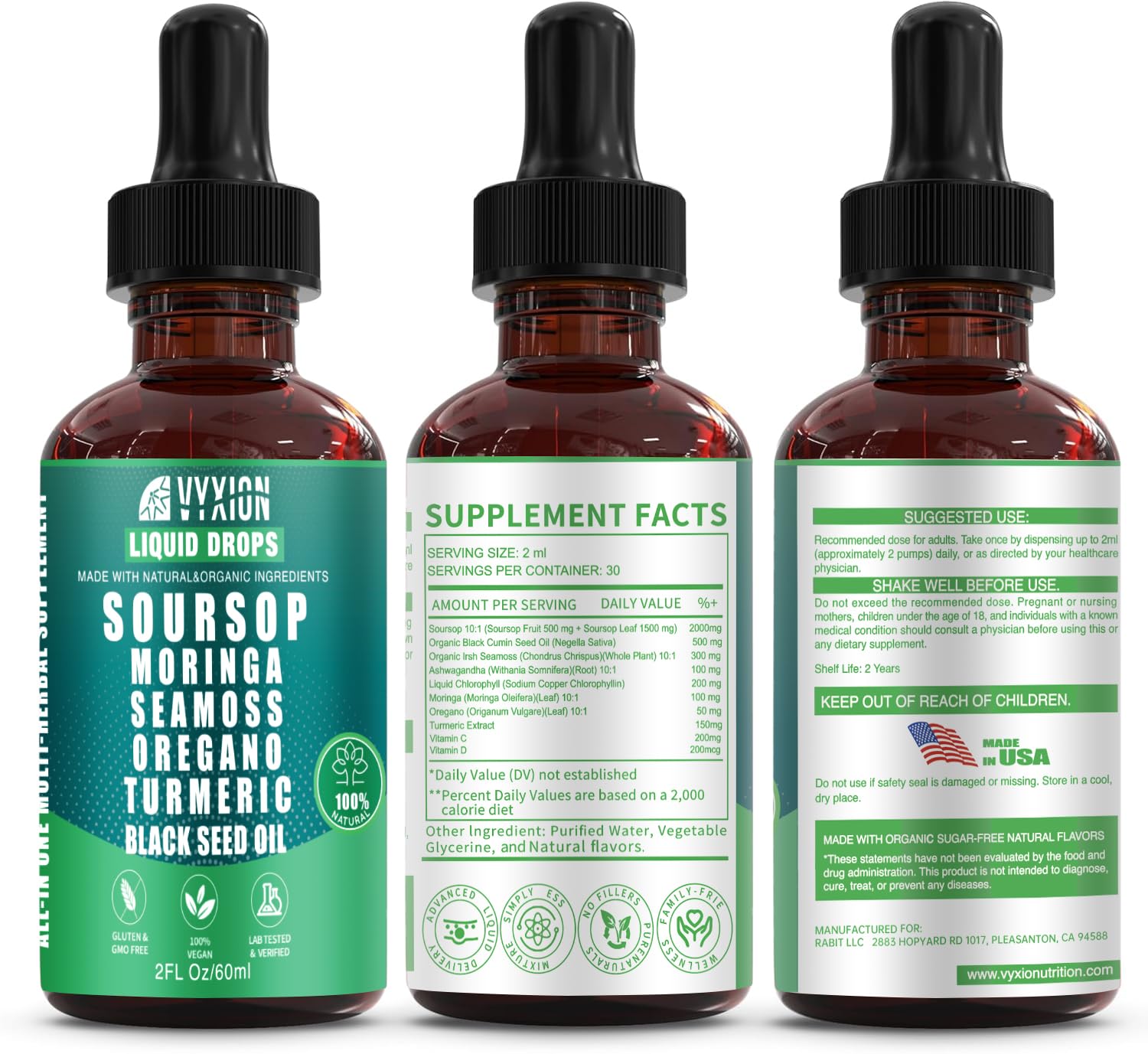 Vyxion Soursop Graviola Liquid Drops 60ml bottle with dropper