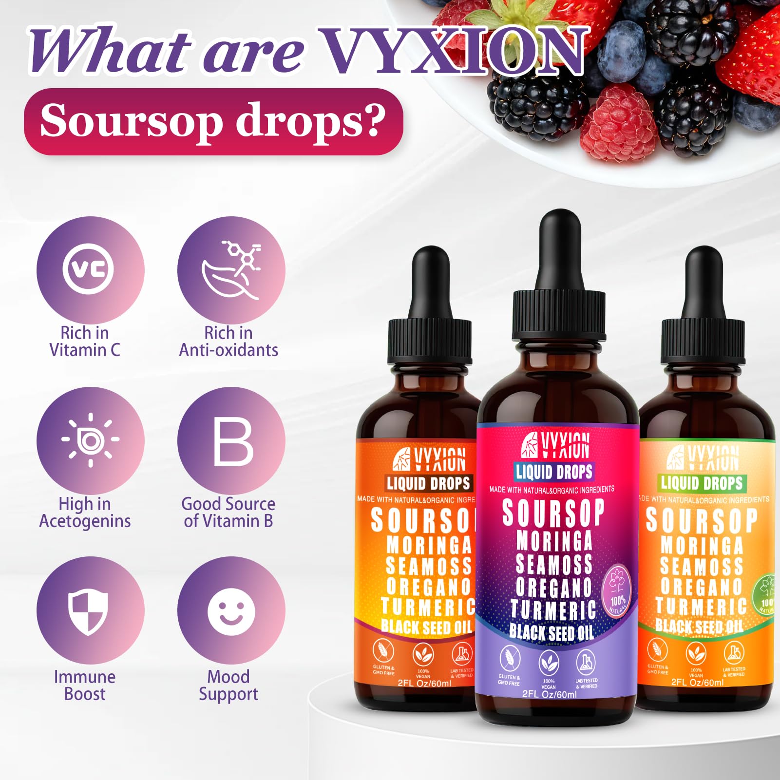 Vyxion Soursop Graviola Liquid Drops 60ml label close-up