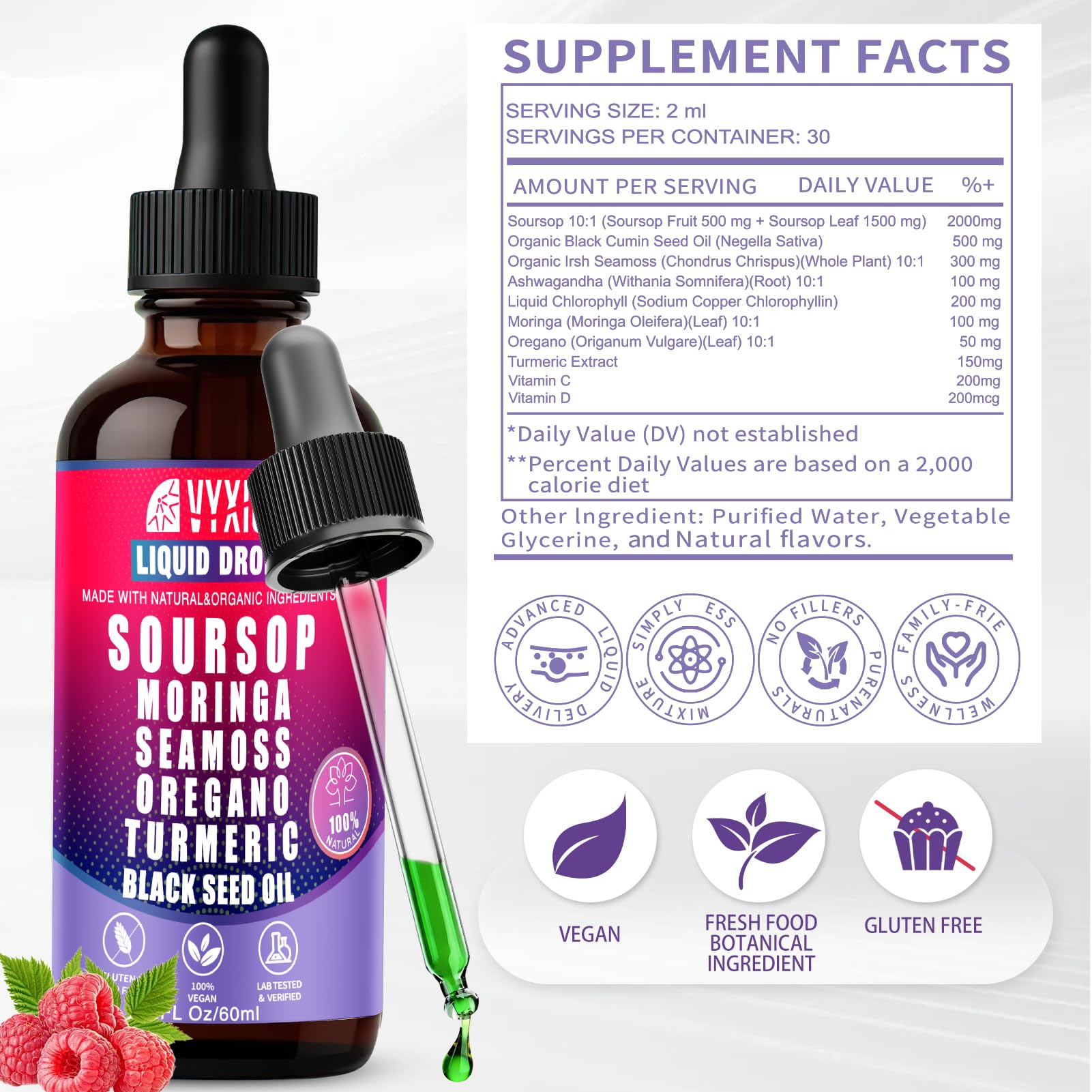Vyxion Soursop Graviola Liquid Drops 60ml packaging details