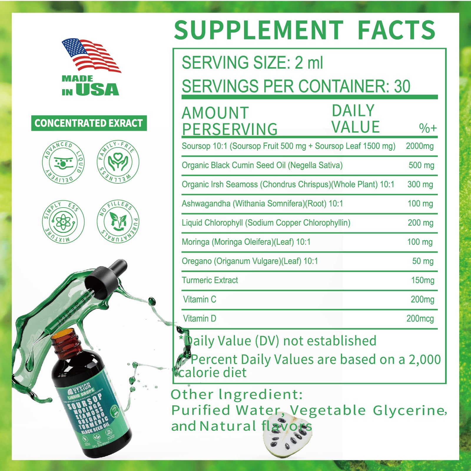 Vyxion Soursop Graviola Liquid Drops 60ml with herbs and plants