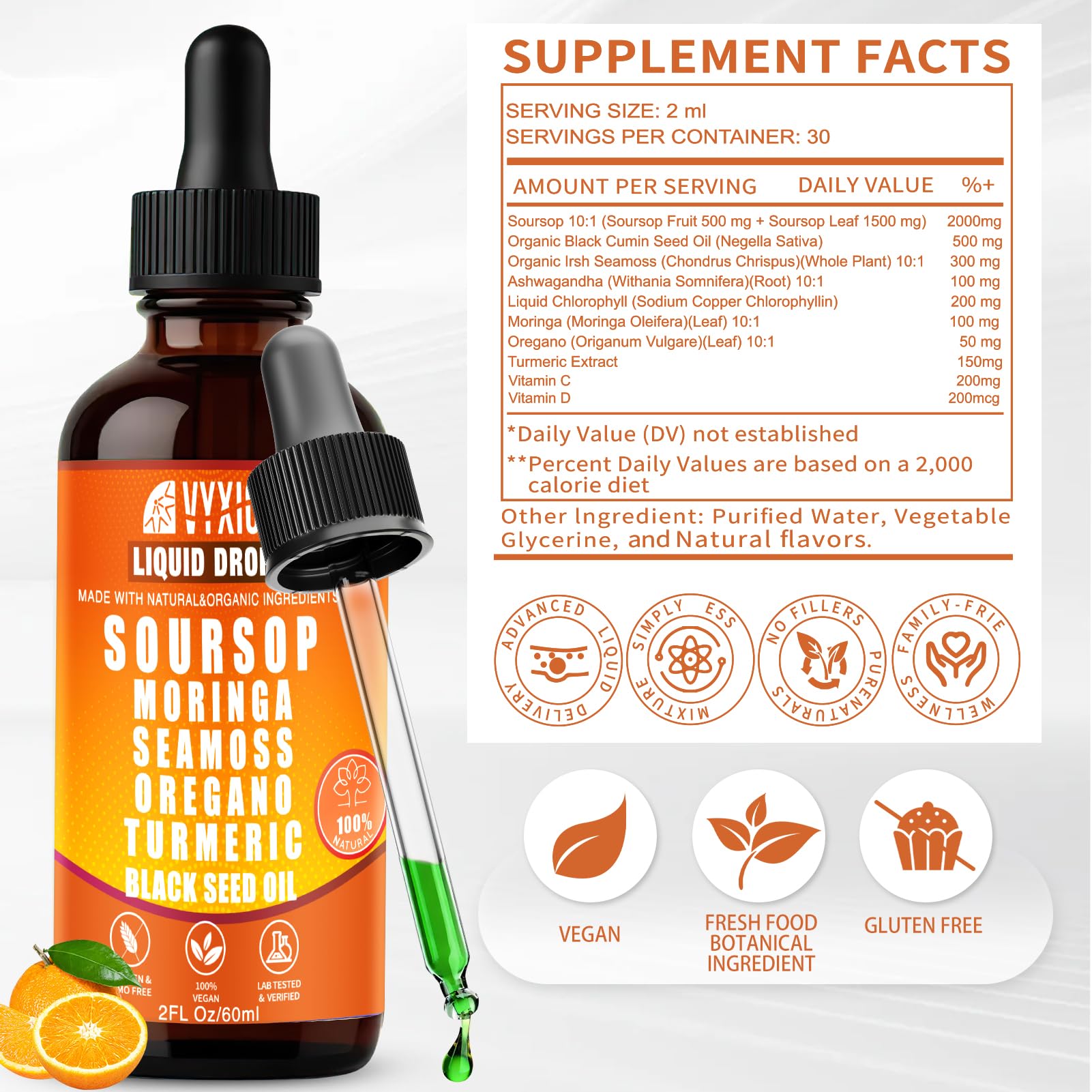 Vyxion Soursop Graviola Liquid Drops bottle with natural ingredients