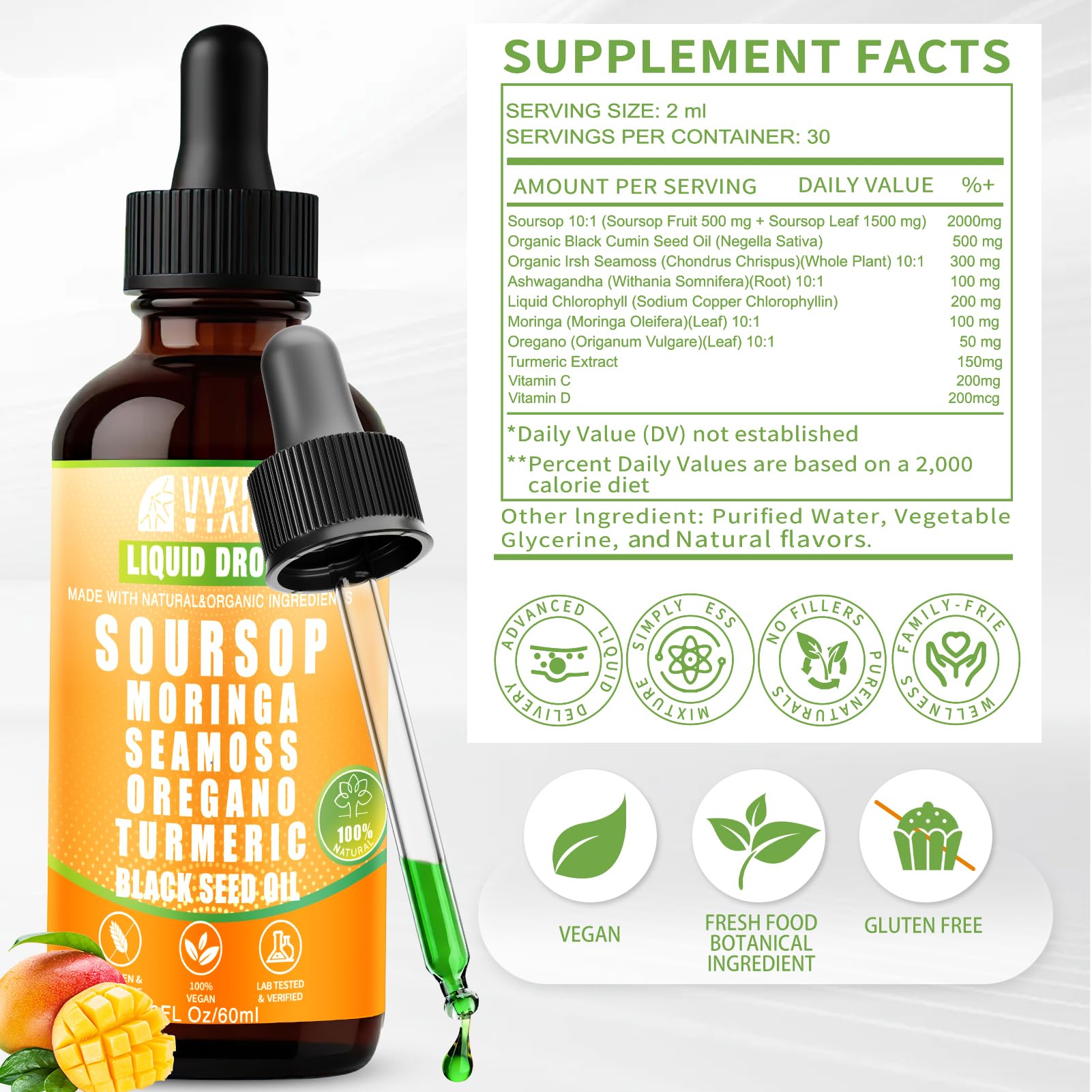 Vyxion Soursop Graviola Liquid Drops on a wooden table
