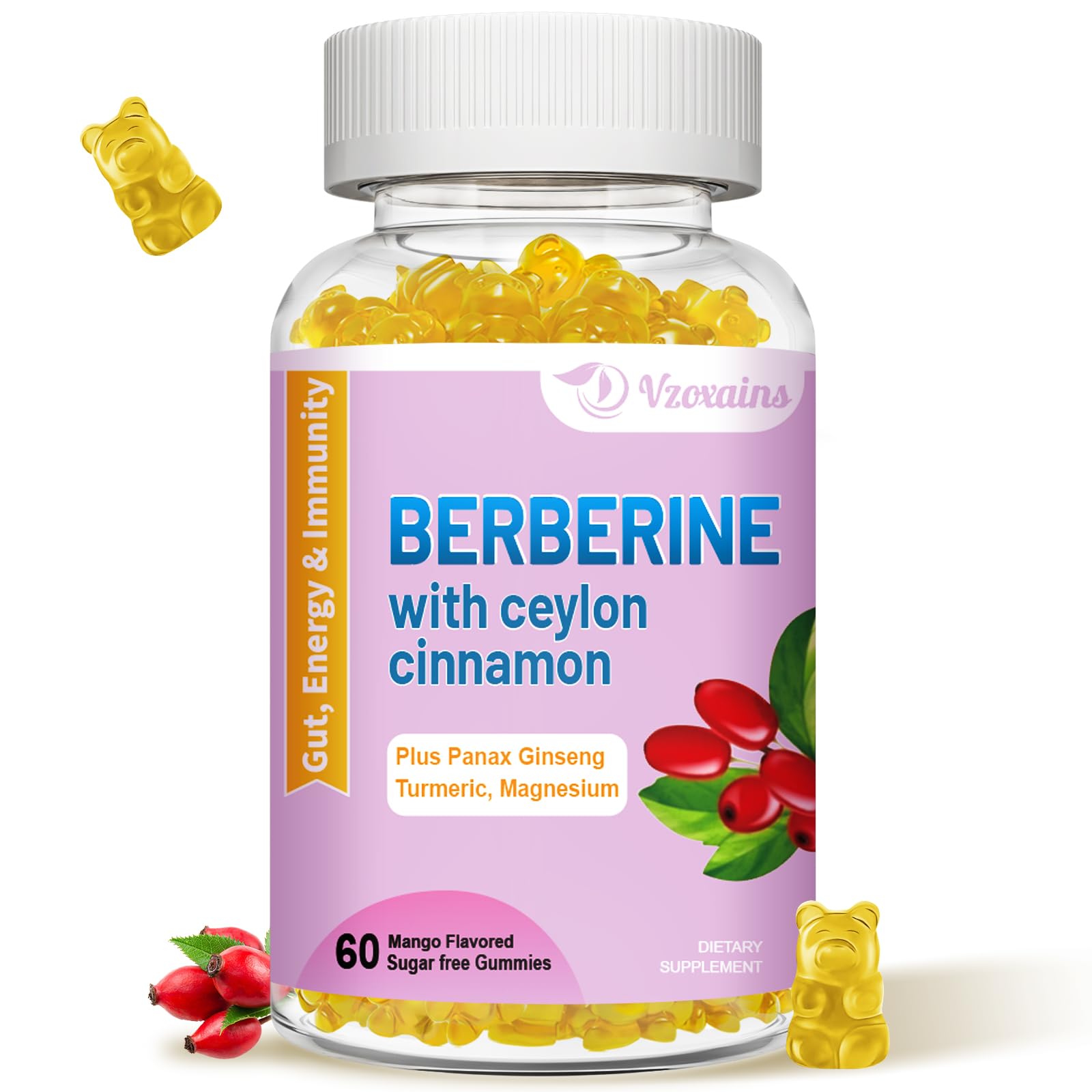 VZOXAINS Berberine Gummies bottle front view with mango flavour