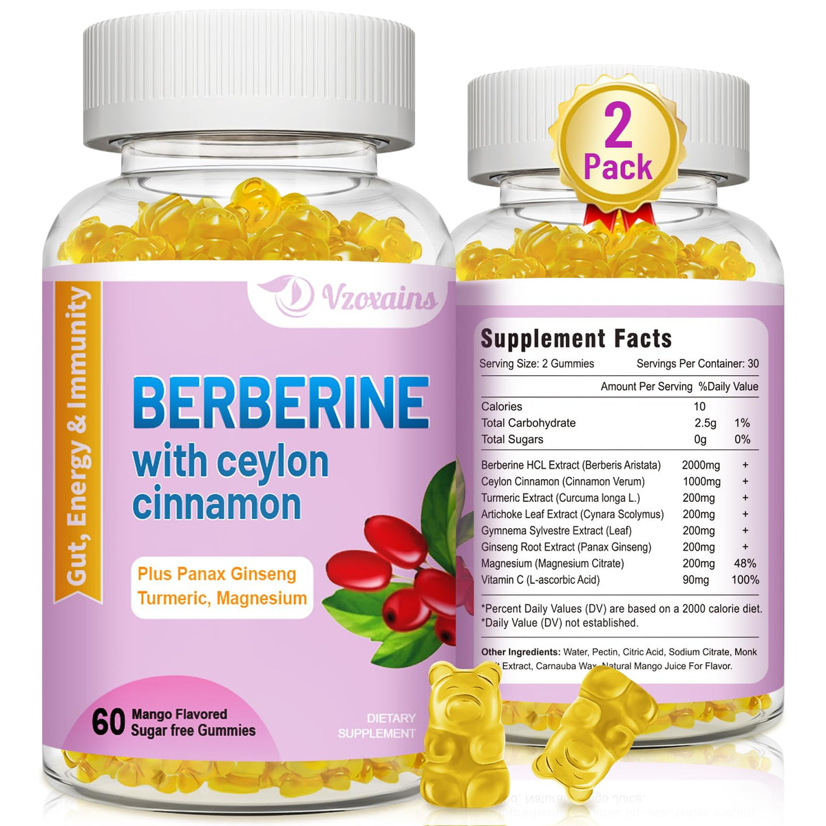 VZOXAINS Berberine Gummies bottle front view with mango flavour